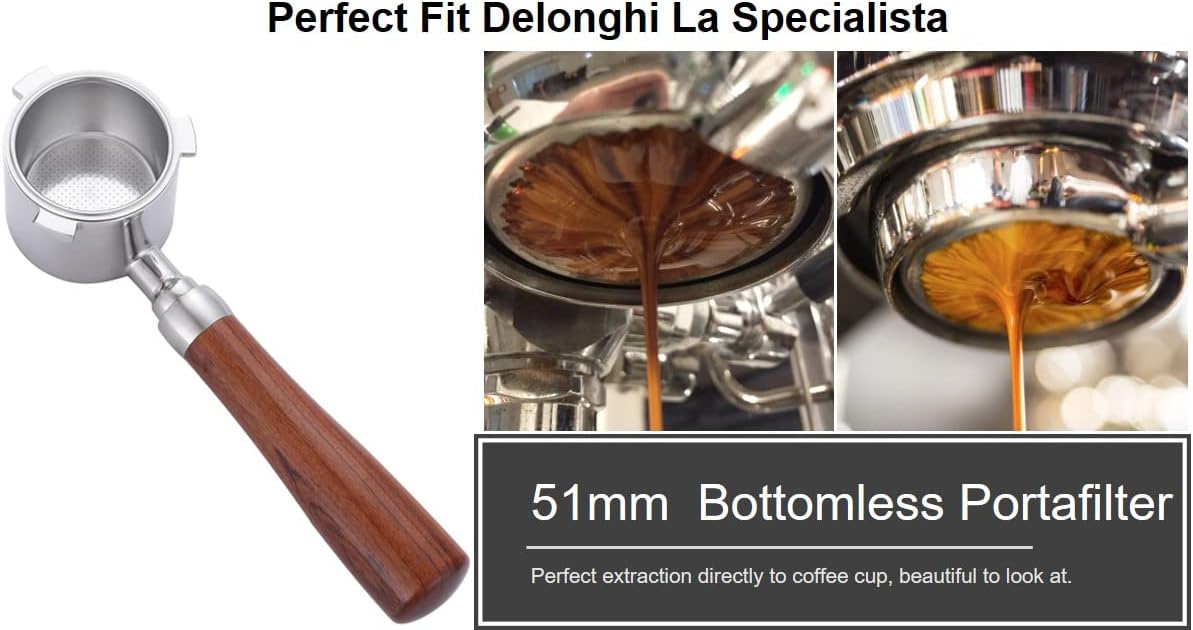 Maspresso 51mm Bottomless Portafilter for Delonghi La Specialista Espresso Machine EC9335 EC9155 EC9665 EC9355 Stainless Steel Portafilter 4 Cups -Wooden Handle