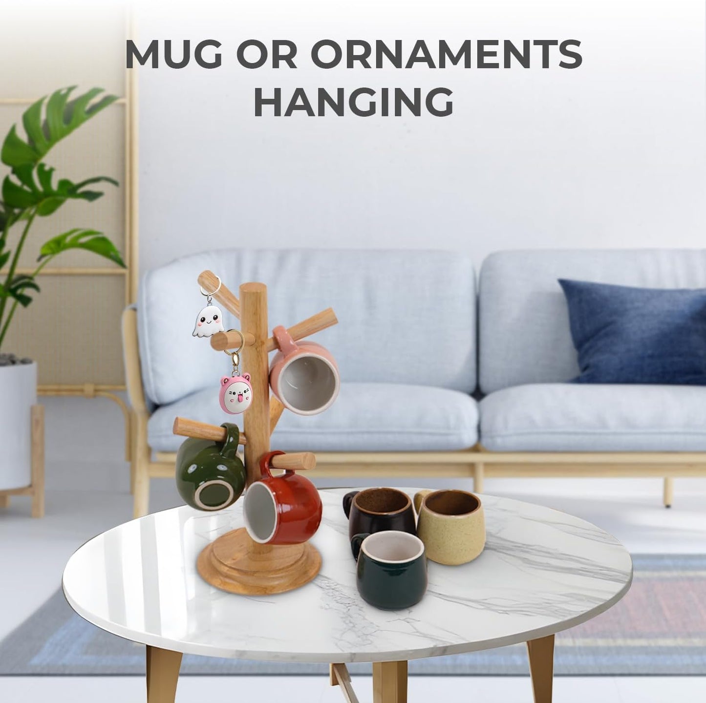 Pack 2 Mug Tree 6 Hooks Rubberwood 13.5"x7"x7", Strudy & Thick Base, Large & Small Cup Holder Tree Wooden for Jewelry, Kitchen Tools, Pantry, Ornaments, Countertop, Table Organizer (Natural)