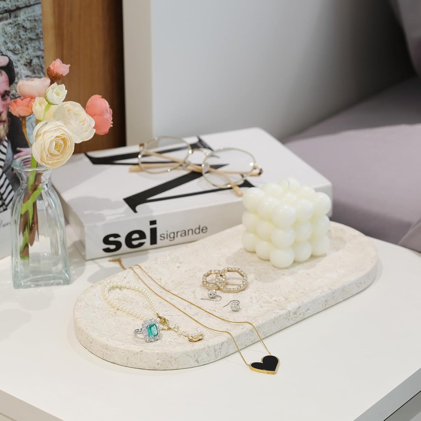 Koville Marble Tray for Bathroom Countertop, 12"x6" Beige Marble Vanity Storage Trays for Perfume, Cosmetics, Jewelry, Stone Tray for Kitchen, Decorative Trays for Dresser Organizer