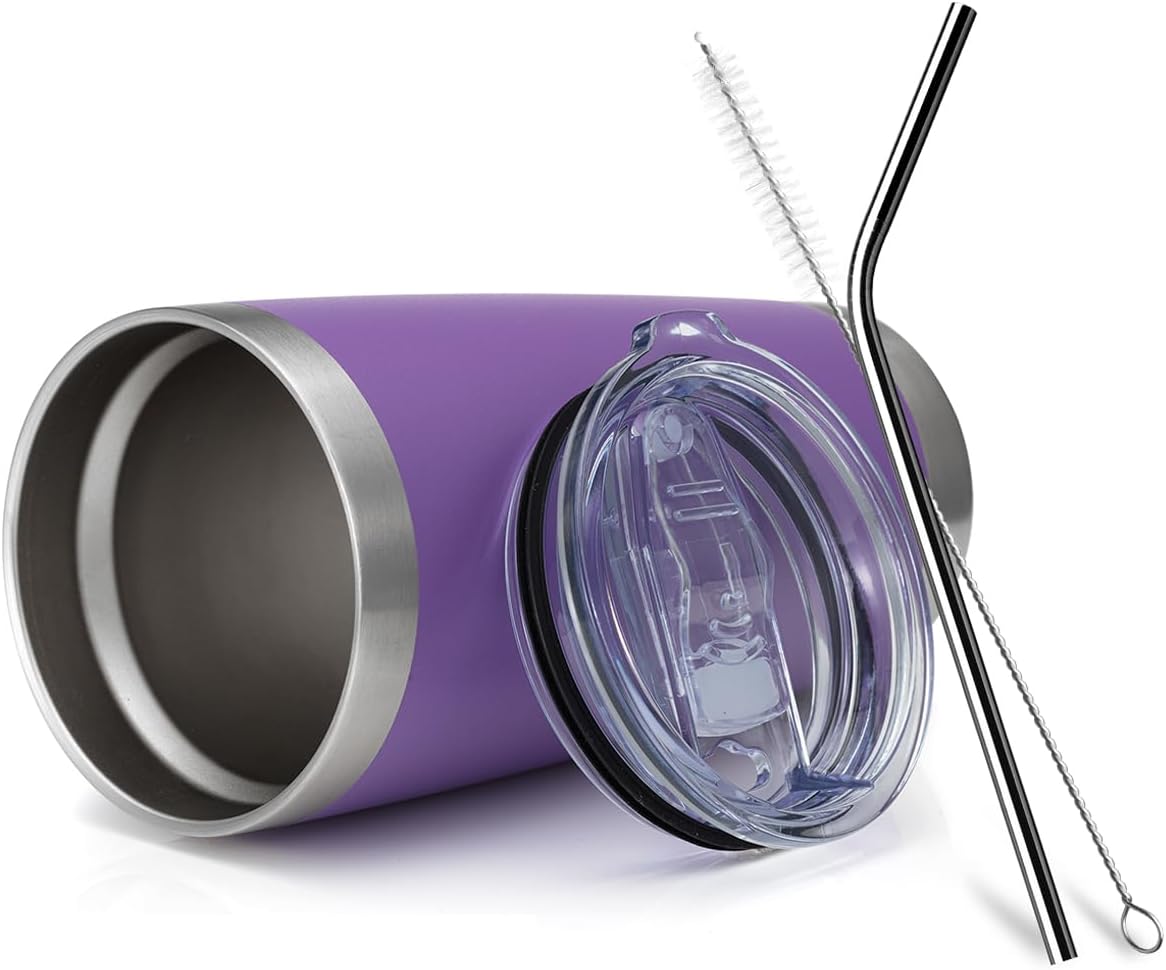 COMOOO 20oz Double Wall Vacuum Insulated Travel Mug, Stainless Steel Tumbler with Lid and Straw Durable Powder Coated Insulated Coffee Cup for Cold & Hot Drinks (Purple. 2 Pack