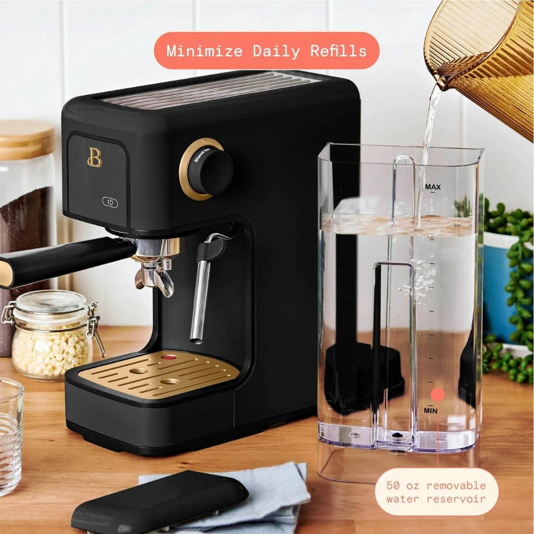 Beautiful Slim Espresso Maker by Drew Barrymore – 20‑Bar Pressure, Dual‑Spout 52 mm Portafilter, 50 oz Removable Tank, 2‑in‑1 Steam Wand & Touch Controls (Black Sesame)
