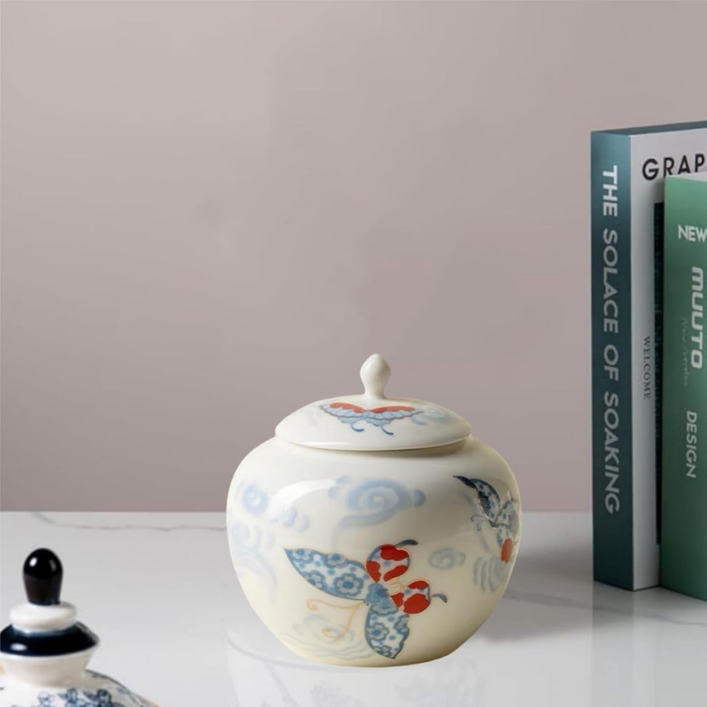 Butterflies Small Ginger Jar - 3.5 inches white decorative Ceramic Ginger jars with Lid, chinoiserie gift small jars for Home decor/jewelry/Tea/coffee beans/Storage