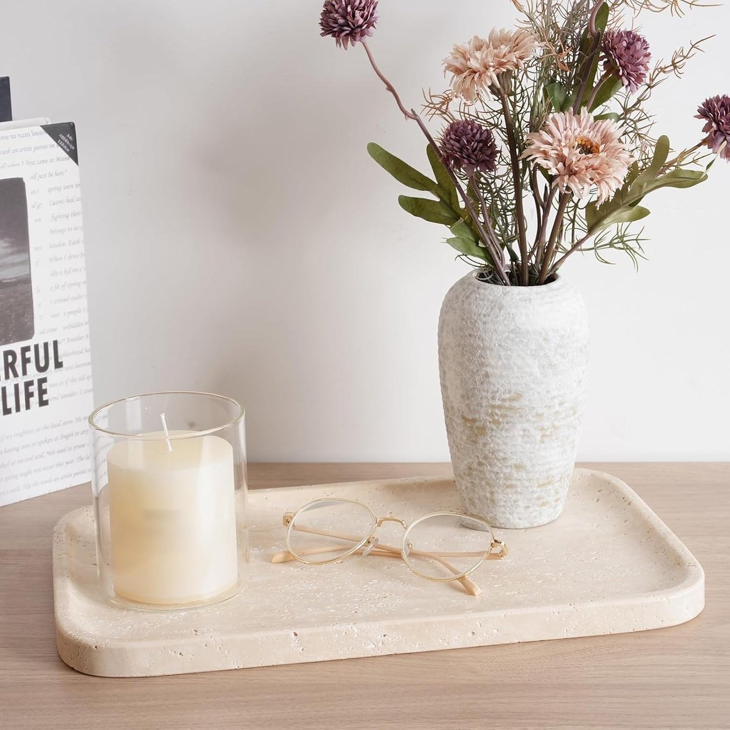 Travertine Vanity Tray, Stone Bathroom Tray for Countertop, 14'' Marble Decorative Dresser Trays, Large Serving Trays for Kitchen Counter, Storage for Kitchen Sink, Perfume, Jewelry Holder