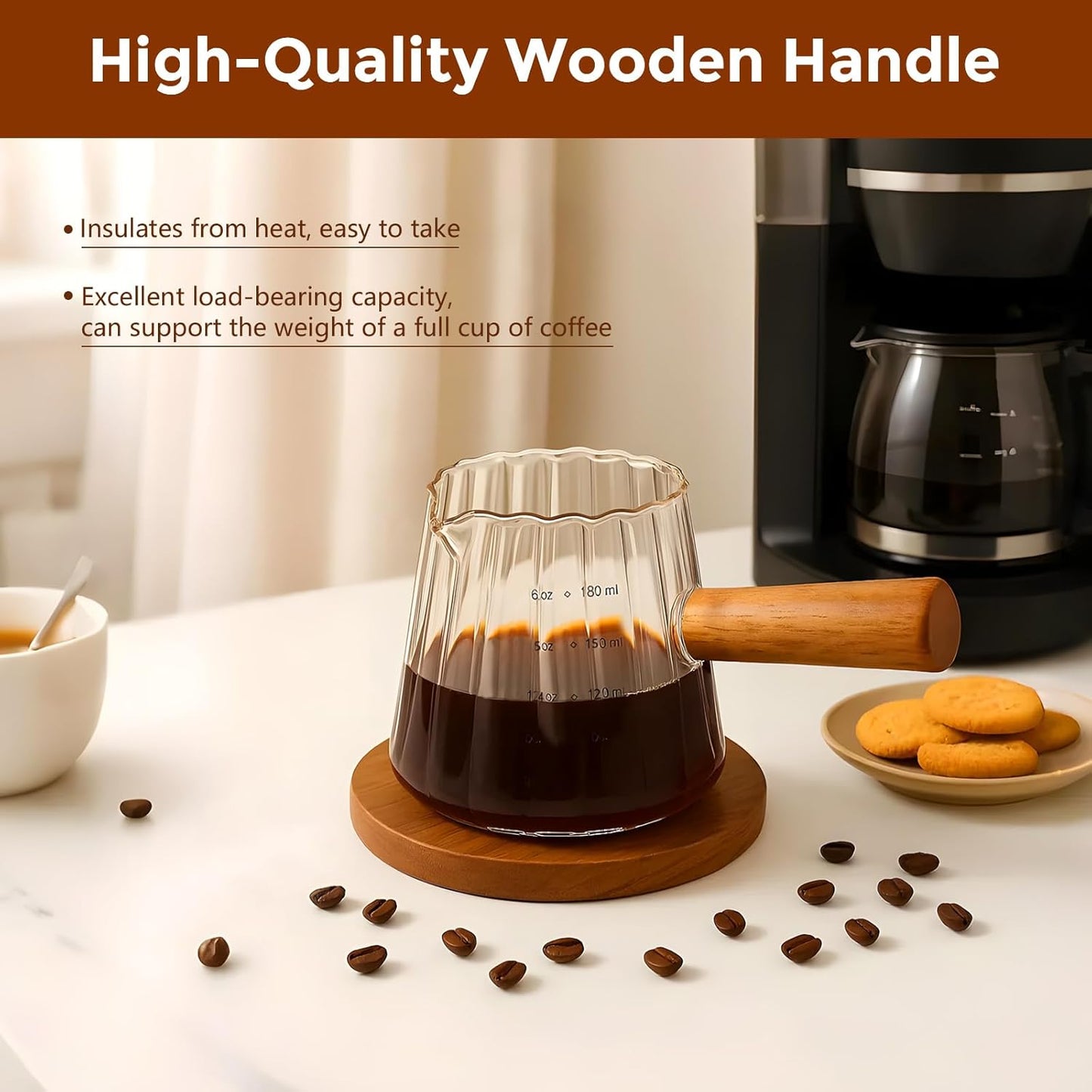 YARRAMATE 6 oz/180ML Glass Measuring Cup with Wooden Handle – Espresso Shot Cups, Ribbed Milk Frothing Pitcher, Dual Scale Markings, V-Shaped Mouth for Easy Pouring