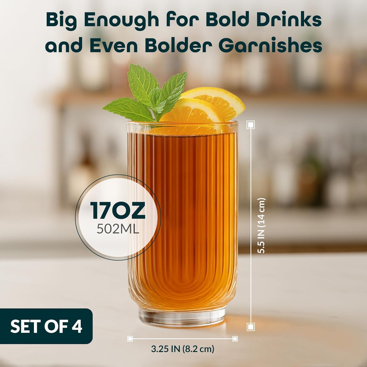 Glaver's Drinking Glasses Set of 4. 17oz Vintage Ripple Cocktail Glasses, Ribbed Highball Glass Cups. Arch Designed Art Deco Glassware for Water Juice Coffee.