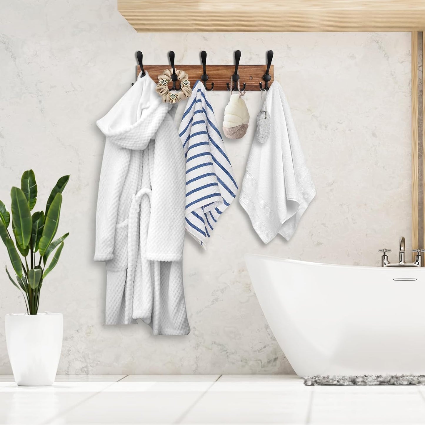 2pcs Coat Rack Wall Mount Wooden Hat Rack for Wall Hooks Pine Real Wood Plank 16.9" Brown Coat Hanger with 5 Triple Hooks for Hanging Coat Hat Jacket