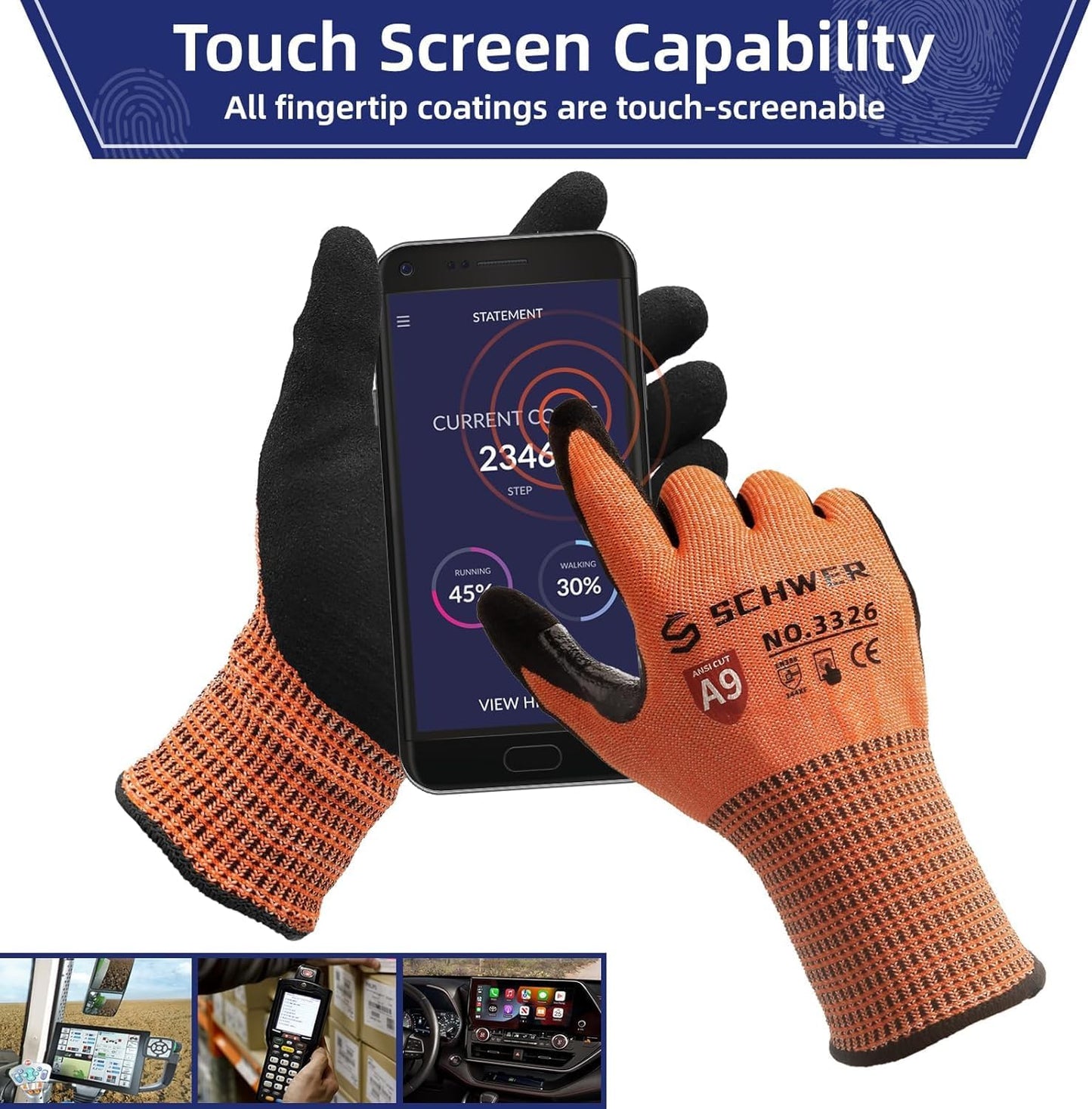 Schwer ProGuard Highest Level Cut Resistant Work Gloves PR3326 for Extreme Protection,ANSI A9 Cut Gloves with Reinforced Thumb, Non Slip, Non PFAS, Durable, Touch-screen, Orange 120 Pairs, L