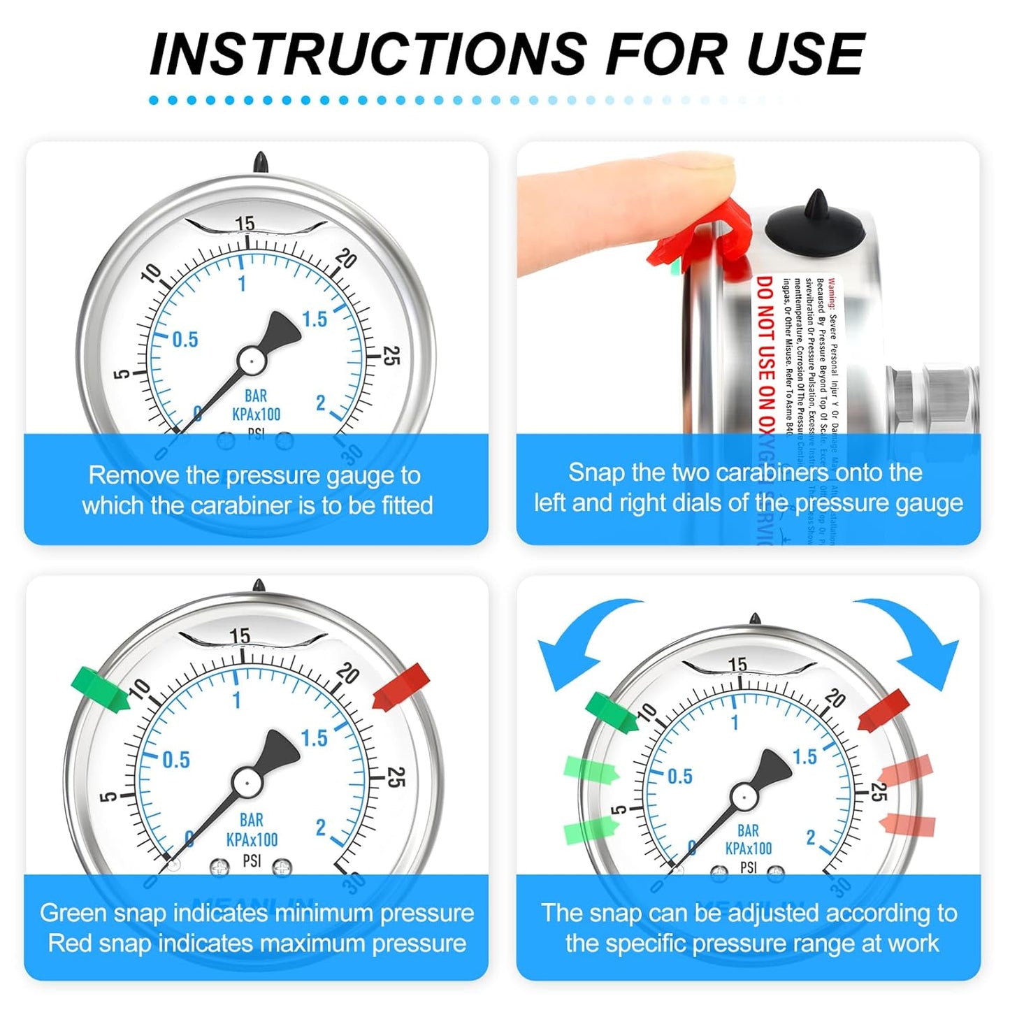 MEANLIN MEASURE 0~30Psi Stainless Steel Liquid Filled Pressure Gauge 2.5" FACE DIAL 1/4" NPT for Pool Sand Filter Water Oil Air Pressure Test Back Mount with Stainless Steel Hex Bushing and Snaps