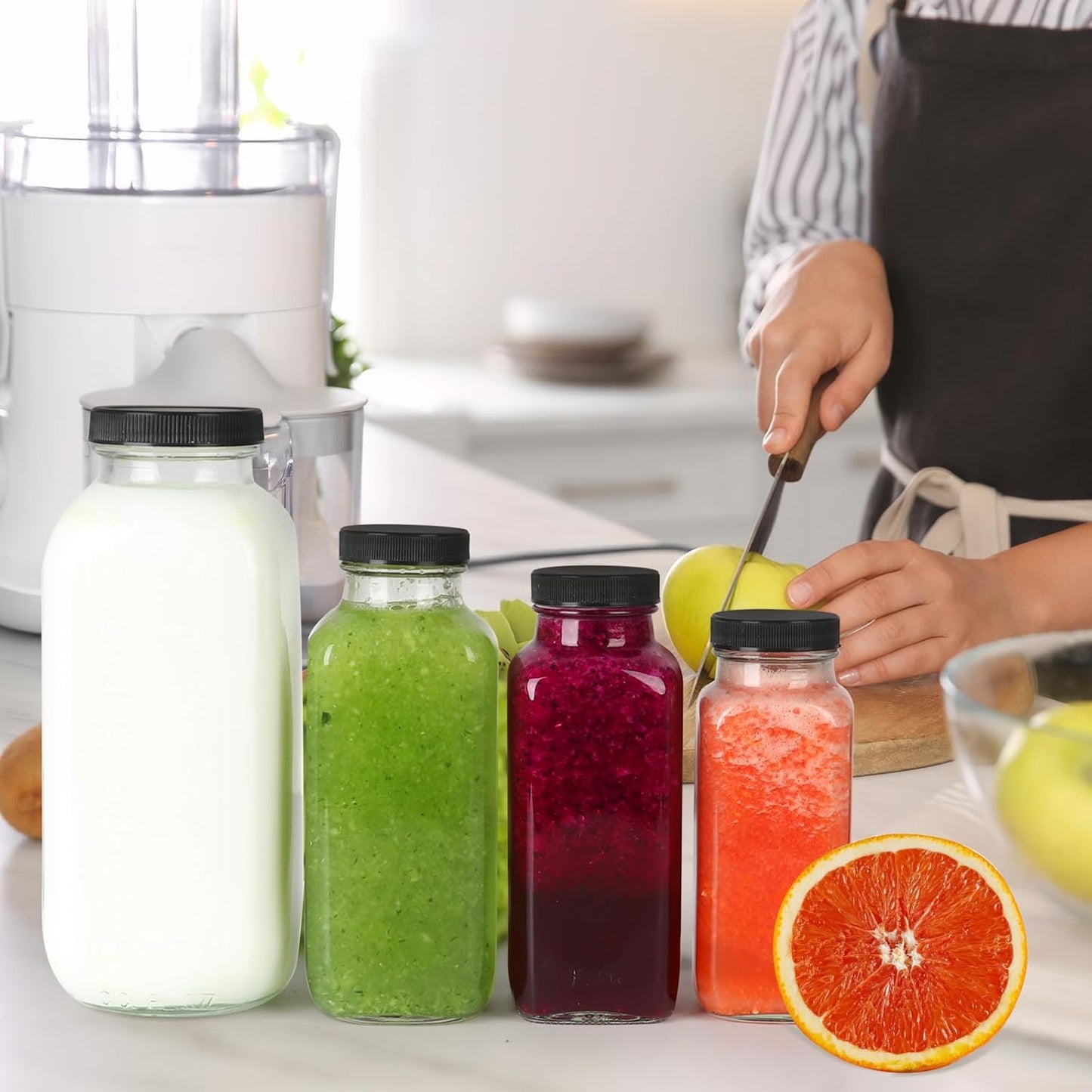 32 oz Glass Juice Bottles with Lids 2 Pack,Reusable Glass Drink Bottles,1000ml Water Drinking Jars for Milk,Juicing,Kombucha,Ginger,Beverage Glassware,Juice Drinking Jars