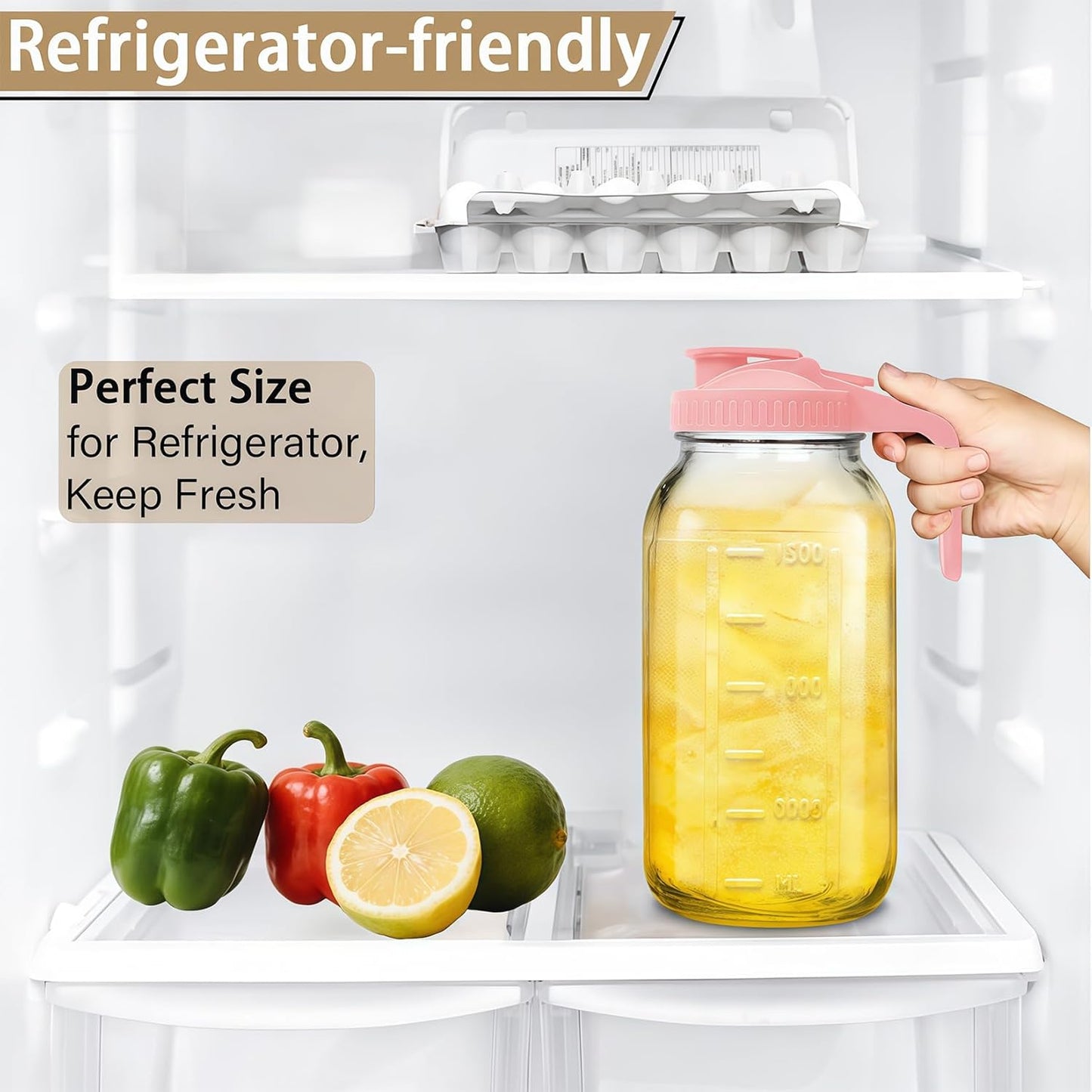 64oz Glass Pitcher with Handle and Lid, 2 Quart Mason Jar Pitcher - Airtight & Leakproof Water Jug with Pour Spout Lid, Glass Containers for Fridge, Perfect for Juice, Cold Brew, Iced & Sun Tea