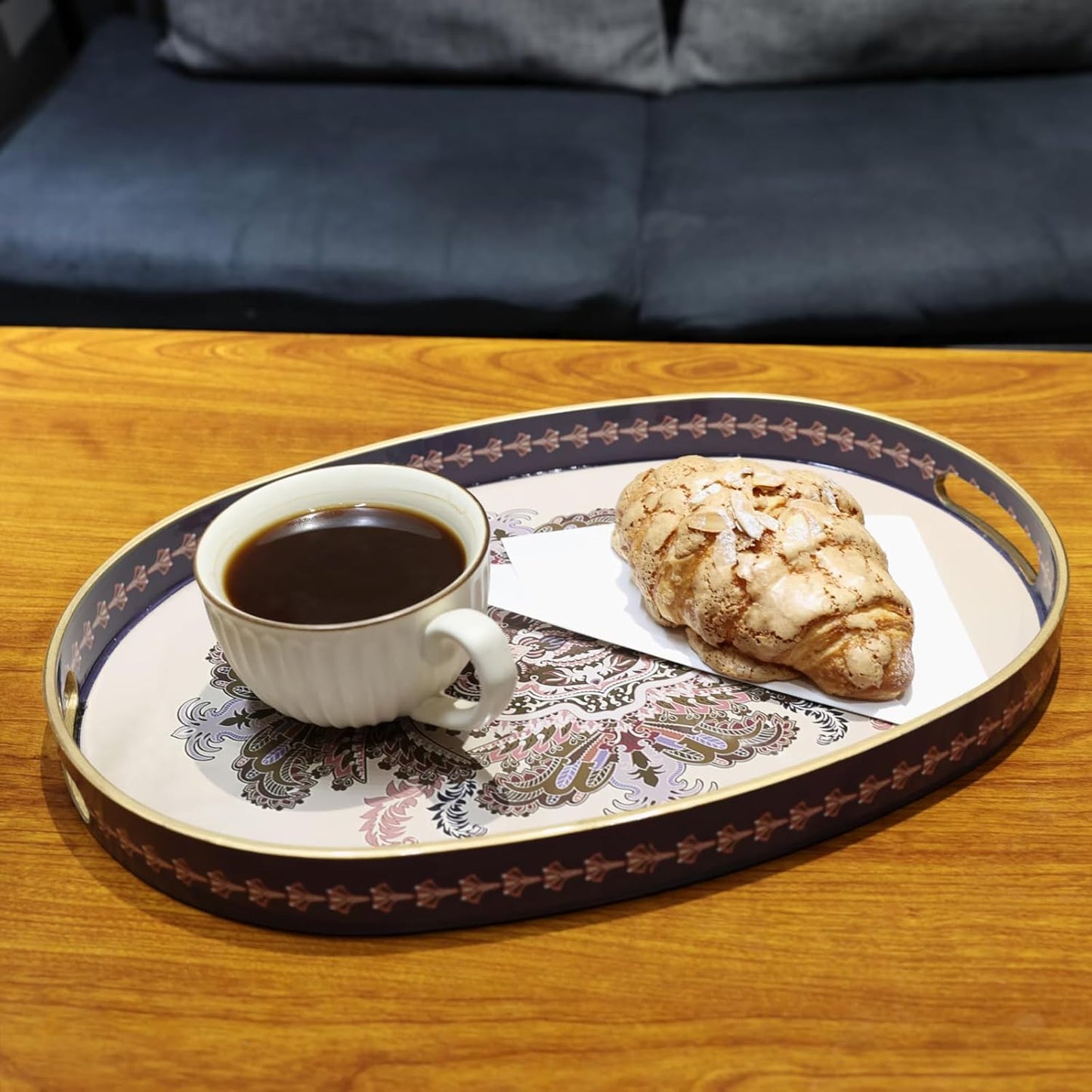 Oval Plastic Serving Tray with Handles, Elegant Decorative Tray for Coffee Table, Ottoman, Living Room, Kitchen, Outdoor Use. 10"*16"*1.4" B