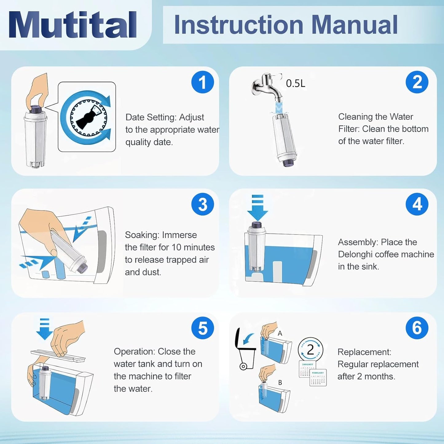 Coffee Machine Fitler, Delonghi Filter Replacement for DeLonghi DLSC002, Delonghi Magnifica Evo, Dinamica Plus, ESAM, ETAM, BCO, EC. Activated Carbon Water Filter Cartridges Softener (6 Pcs)