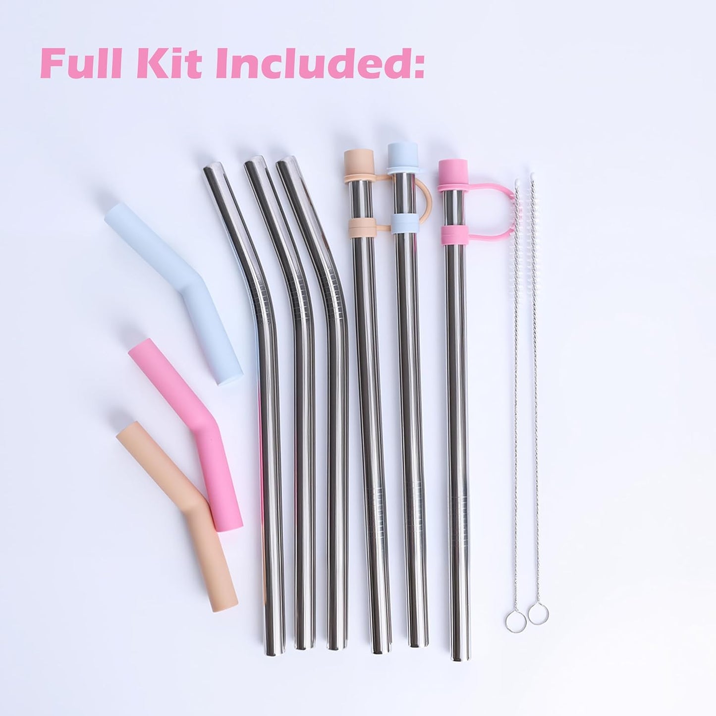 Stainless Steel Straws with covers fit Stanley 14oz & 20oz tumbler, Reusable 8.6 Inch Straw with Silicone Tips & Cover Caps, Compatible with Stanley Quencher H2.0 (6 Pack: 3 Bent + 3 Straight)