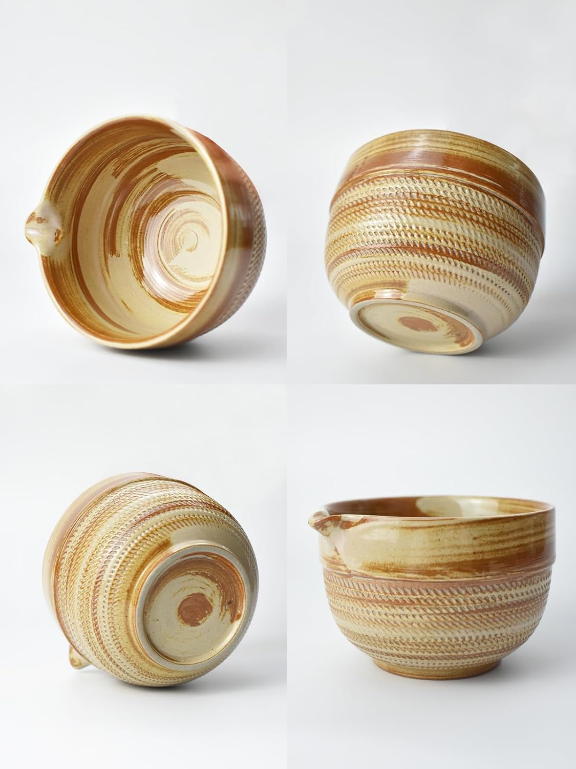 Matcha Tea Set – 4 Piece Traditional Japanese Matcha Kit with Beige & Brown Ceramic Spout Bowl, Whisk, Holder, Scoop & Guide – Authentic Tea Ceremony Set for Home Use