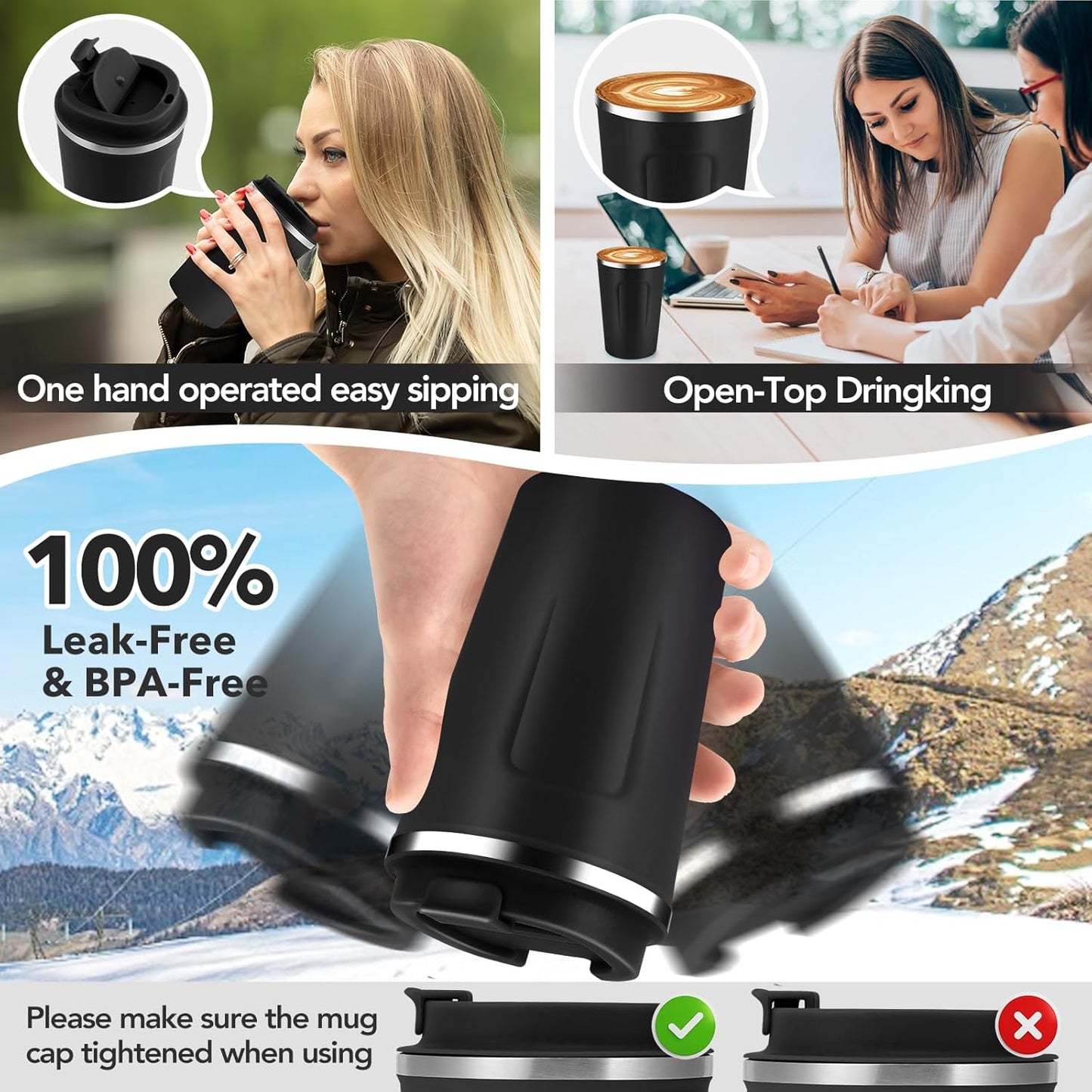 Volhoply 12 oz Double Wall Insulated Vacuum Travel Coffee Mug with Flip Lid Bulk 4 Pack,Reusable Stainless Steel Leak Proof Coffee Cups,Portable Cafe Thermal Tumbler for Hot & Cold Drinks(Black,4 Set)