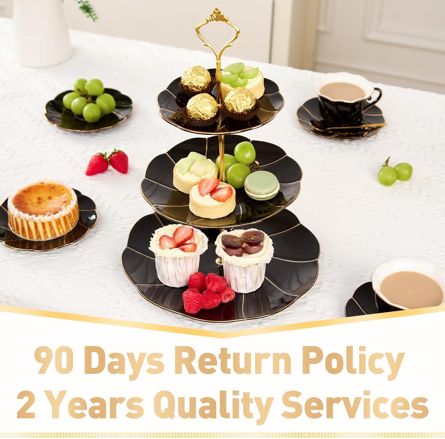 DUJUST Luxury Porcelain 3-Tier Cupcake Stand Tower, British Style Serving Tray with Golden Trim, Food Grade Dessert Display Stand, Beautiful Gift for Tea Party & Home Décor - Black