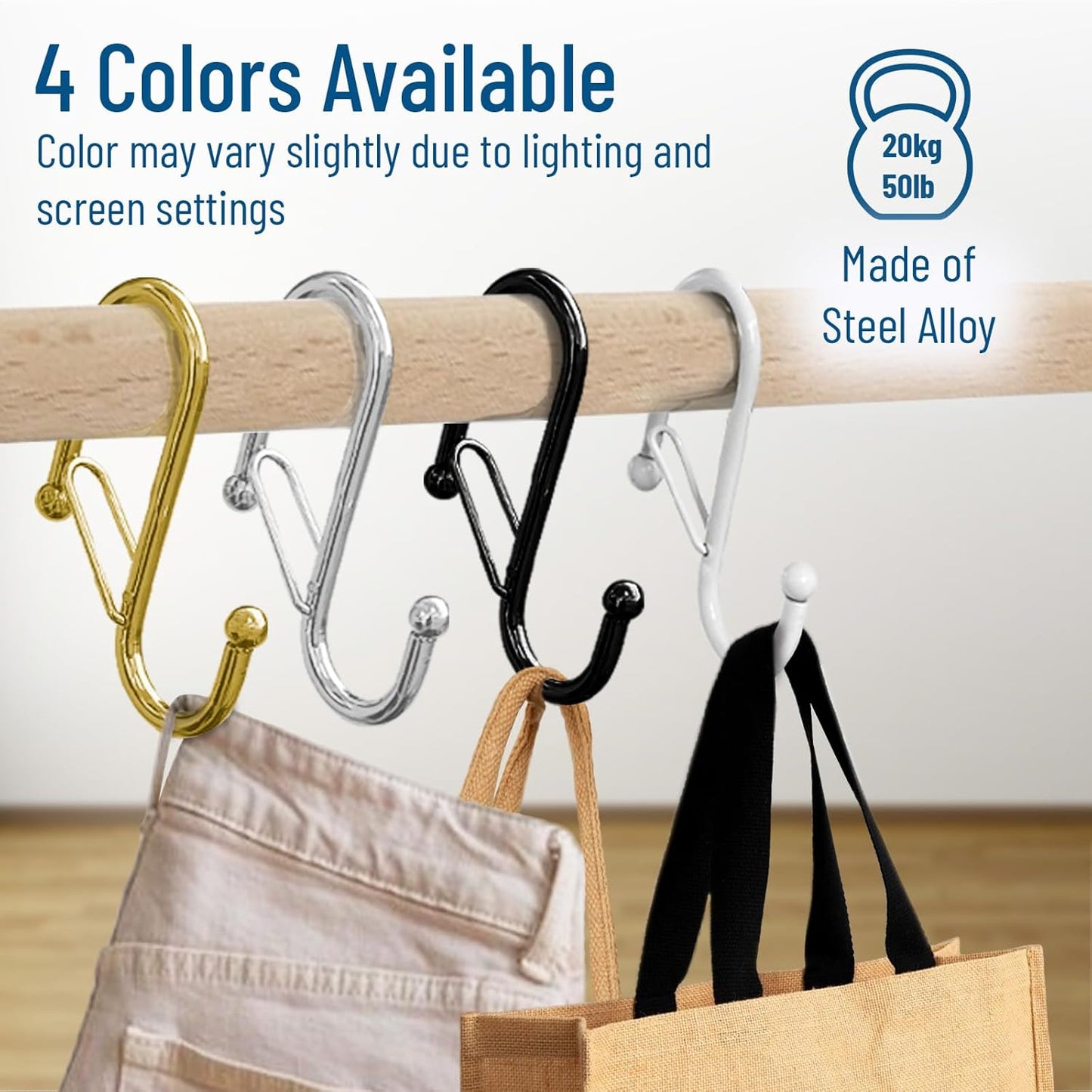 6-Pack Metal S Hooks for Hanging – Heavy-Duty S-Shaped Hook with Safety Buckle – Fits Bars up to 1.2 in – Anti-Drop S-Hooks for Closet, Wardrobes & Storage – Golden (Large)