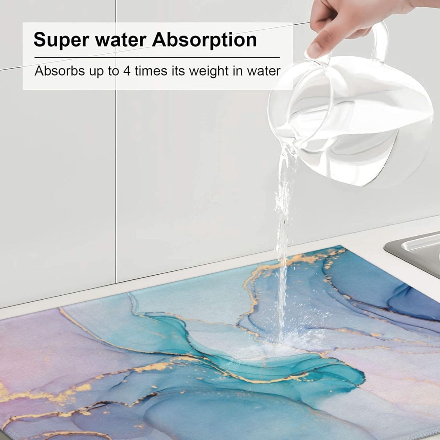 Large Dish Drying Mats For Kitchen Counter Microfiber Kitchen Drying Mat XL Draining Pad Absorbent Quick Drying Dish Mat 18x24 Inch - Marble Golden Swirls