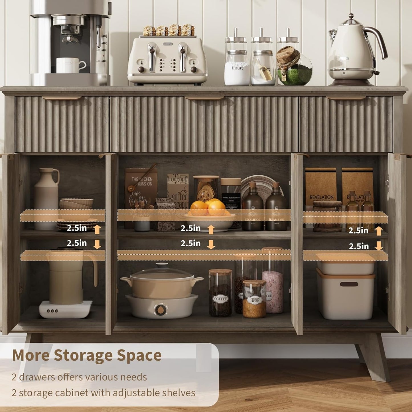 QUW Fluted Sideboard Buffet Cabinet with Charging Station, 47.2" Kitchen Storage Cabinet with Drawers and Adjustable Shelves, Modern Coffee Bar Kitchen Table for Dining Room, Living Room, Grey