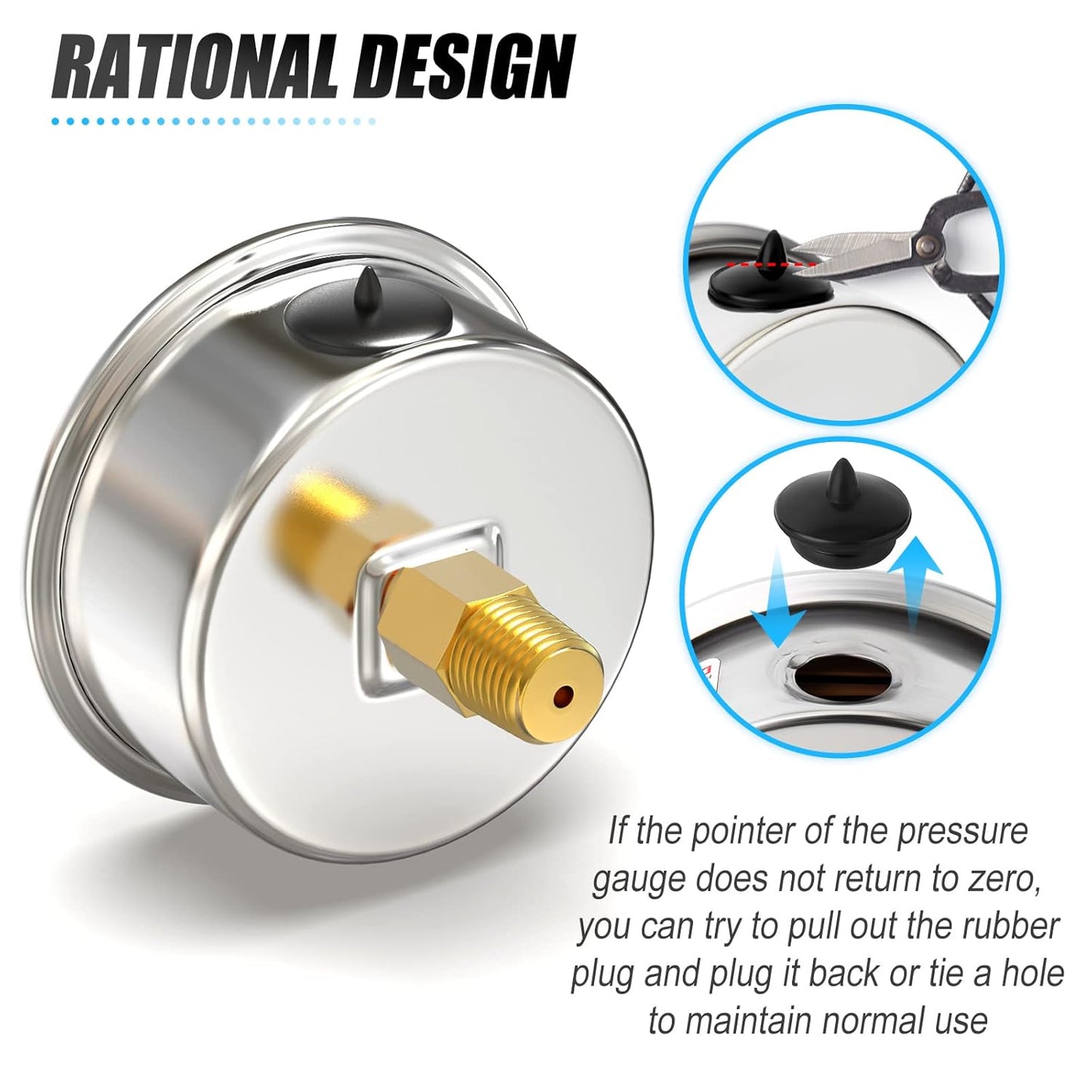 MEANLIN MEASURE -30inHG~60Psi Stainless Steel 1/8" NPT 2.5" FACE DIAL Vacuum Pressure Gauge, Center Back Mount, with 1/4" NPT and 3/8" NPT Hex Bushing