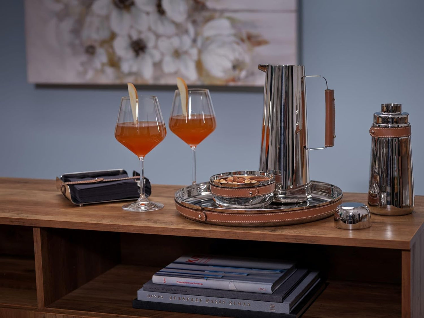 nambe Tahoe Water Pitcher | Stainless Steel Pitcher with Leather-wrapped Handle | Hot & Cold-Water Pitcher for Homemade Beverages, Juice, Iced Tea and Milk | 11 Inch