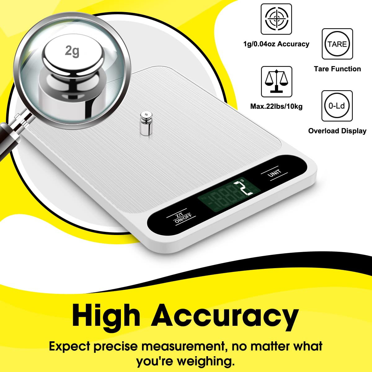 Mik-Nana Food Scale White, 22lb/10kg Digital Kitchen Scale Grams and oz for Baking Cooking and Weight Loss, 1g/0.04oz Precise Graduation, Easy Clean Stainless Steel