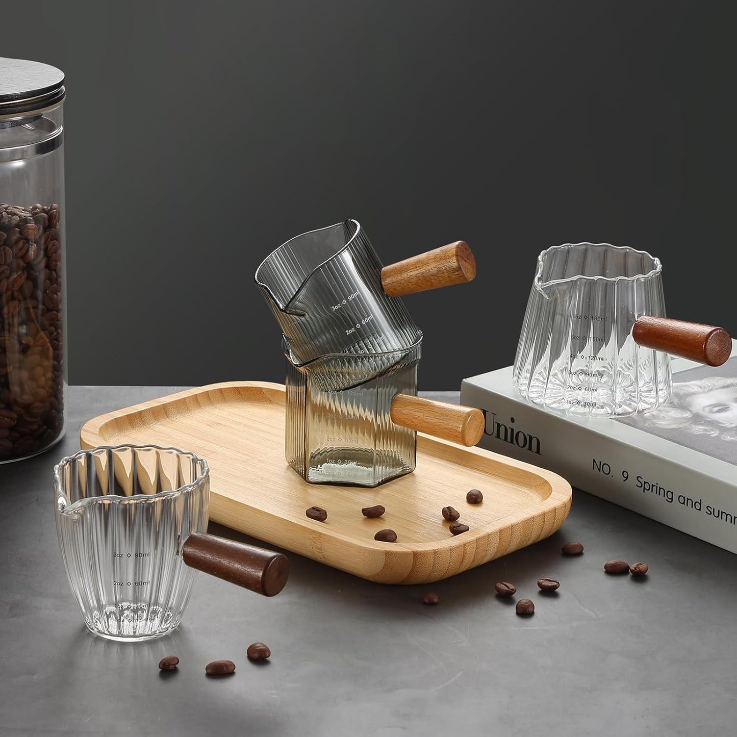 Espresso Cups 3 OZ, Double V-Shaped Spouts Cups, Espresso Shot Glasses with Wood Handle, Ribbed Milk Measuring Cup