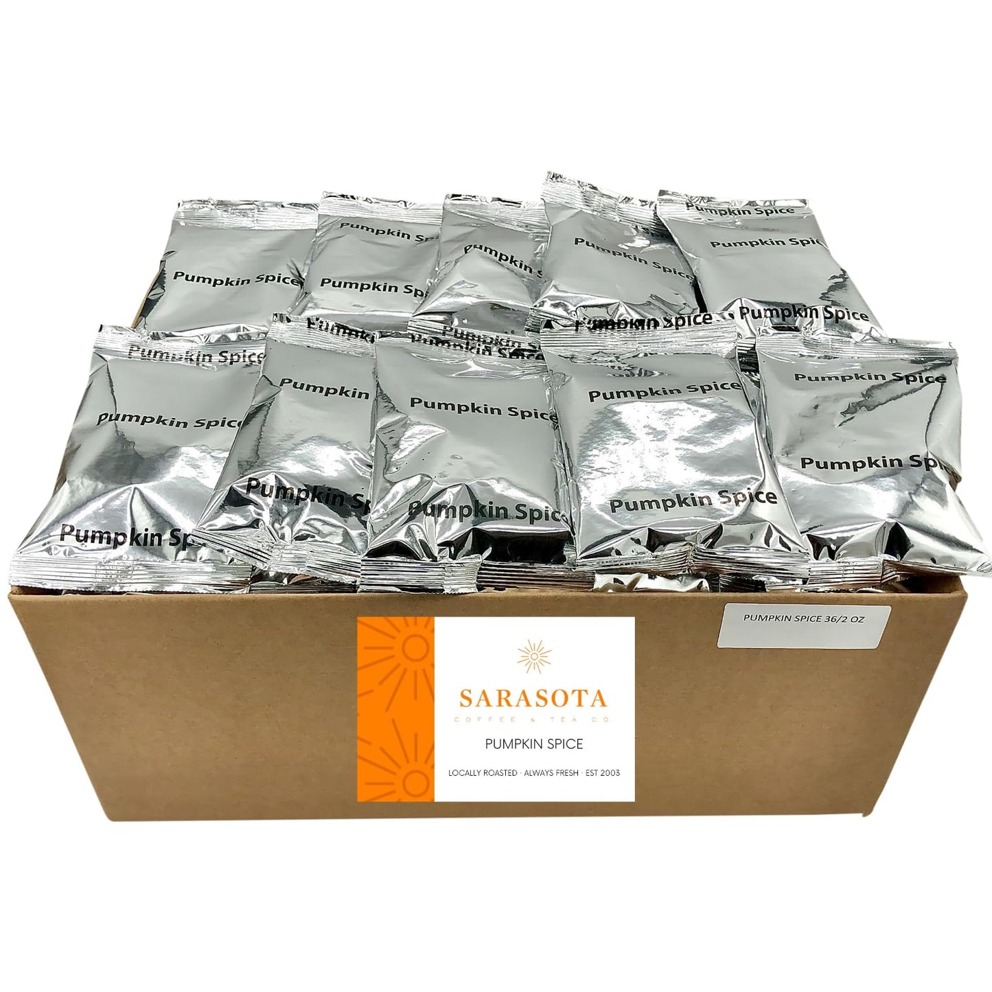 Sarasota Coffee Ground Packets | Gourmet Flavored Medium Roast Bulk Coffee Packs | Pumpkin Spice | Low Acid Mold Free Singles Individual Pouches for 12 Cup Coffee Maker | 2 Ounce Bags, 36 Count
