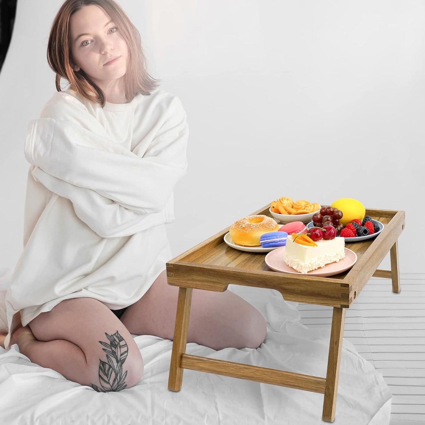 VaeFae Acacia Bed Table Tray, Wooden Breakfast Tray with Folding Legs, Bed Tray for Eating and Laptop, Eating Trays for Bedroom (Large Size)