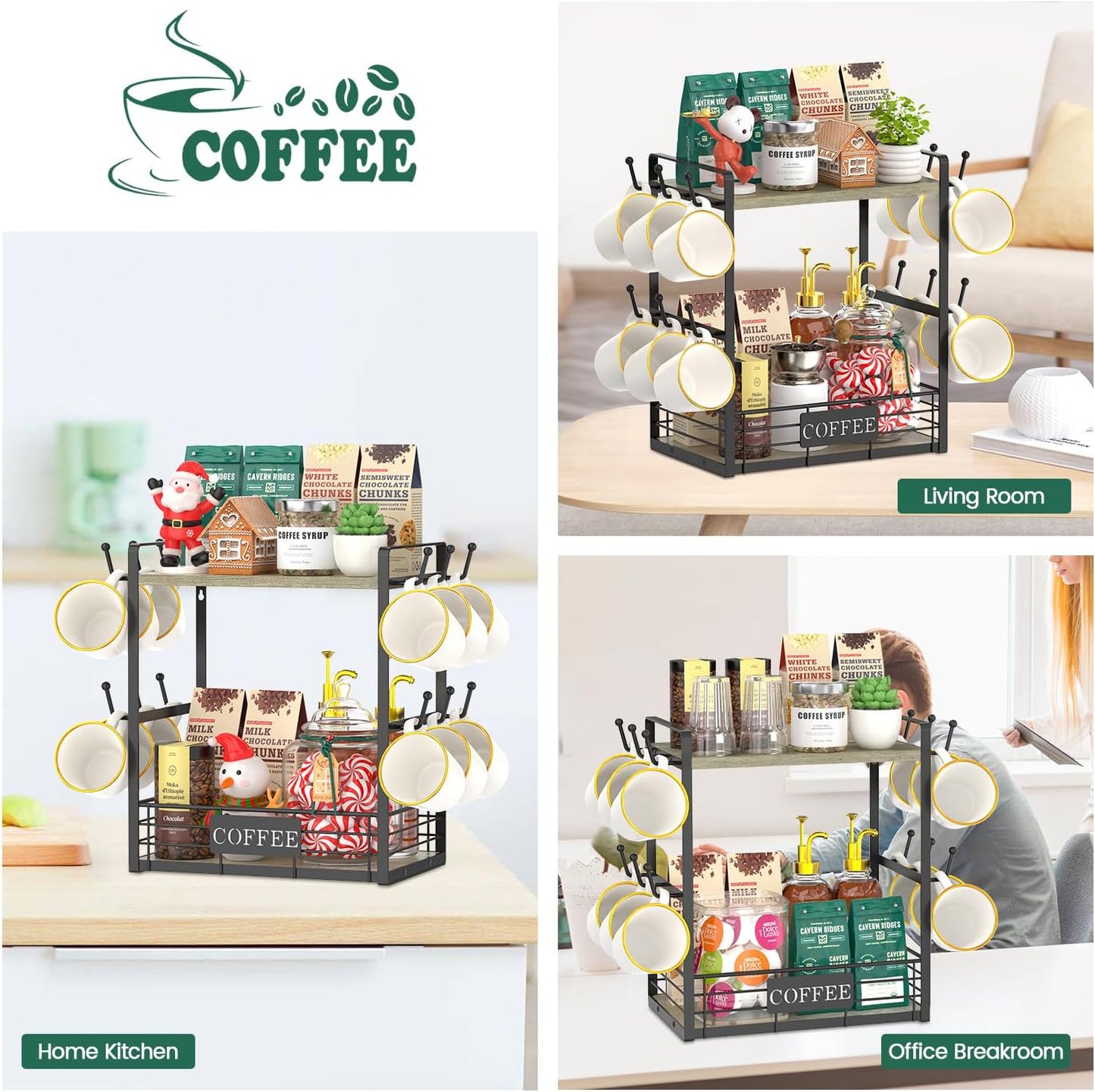EsLuker.ly Coffee Mug Cup Holder Stand Bar Station Organizer for Countertop, Multi-Functional 2 Tier Mug Tree Rack for Kitchen, Storage Shelf with 12 Hooks, Grey Oak-Black(Patented Design)