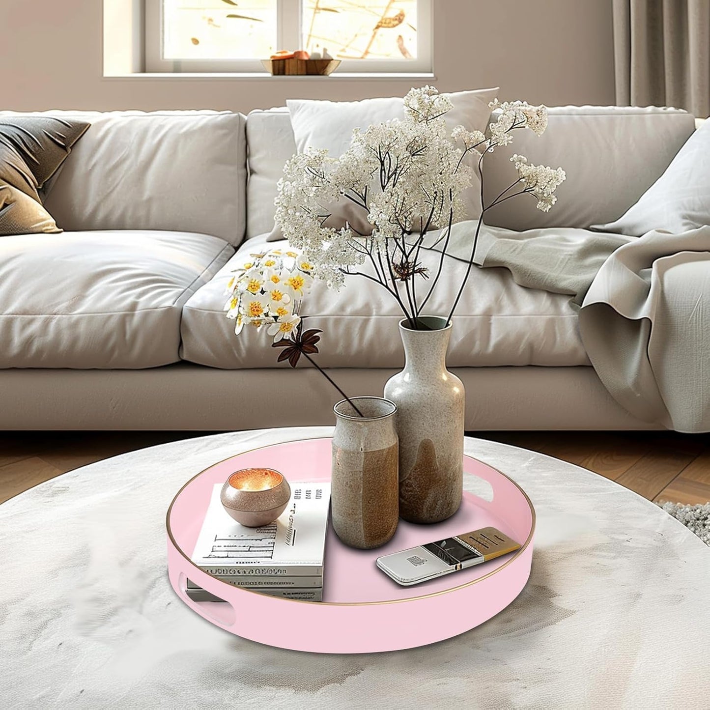 MAONAME 13" Round Tray, Pink Serving Tray with Handles, Modern Decorative Trays for Coffee Table, Plastic Ottoman Trays for Ottoman, Bathroom, Decor