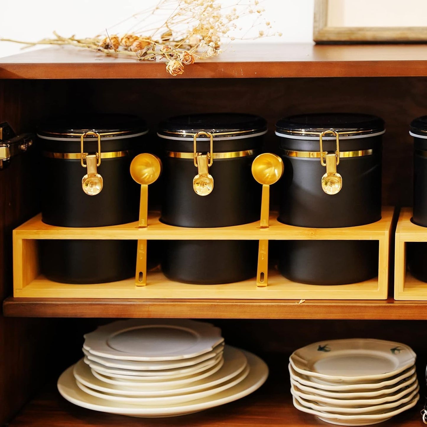 Yangbaga 304 Stainless Steel Coffee Canisters for Ground Coffee,3 x 63 OZ Coffee Container with Shelf Coffee Bean Storage, Food Storage Jar with Gold Airtight Locking Clamp and Spoon for Kitchen