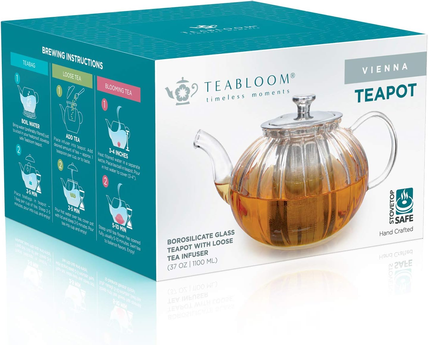 Teabloom Vienna Glass Teapot – Stain-Free Heatproof Glass – Stovetop Safe – Removable Stainless Steel Infuser – Perfect for Loose Leaf Tea – 37 oz. / 1100 ml (3-4 Cups)