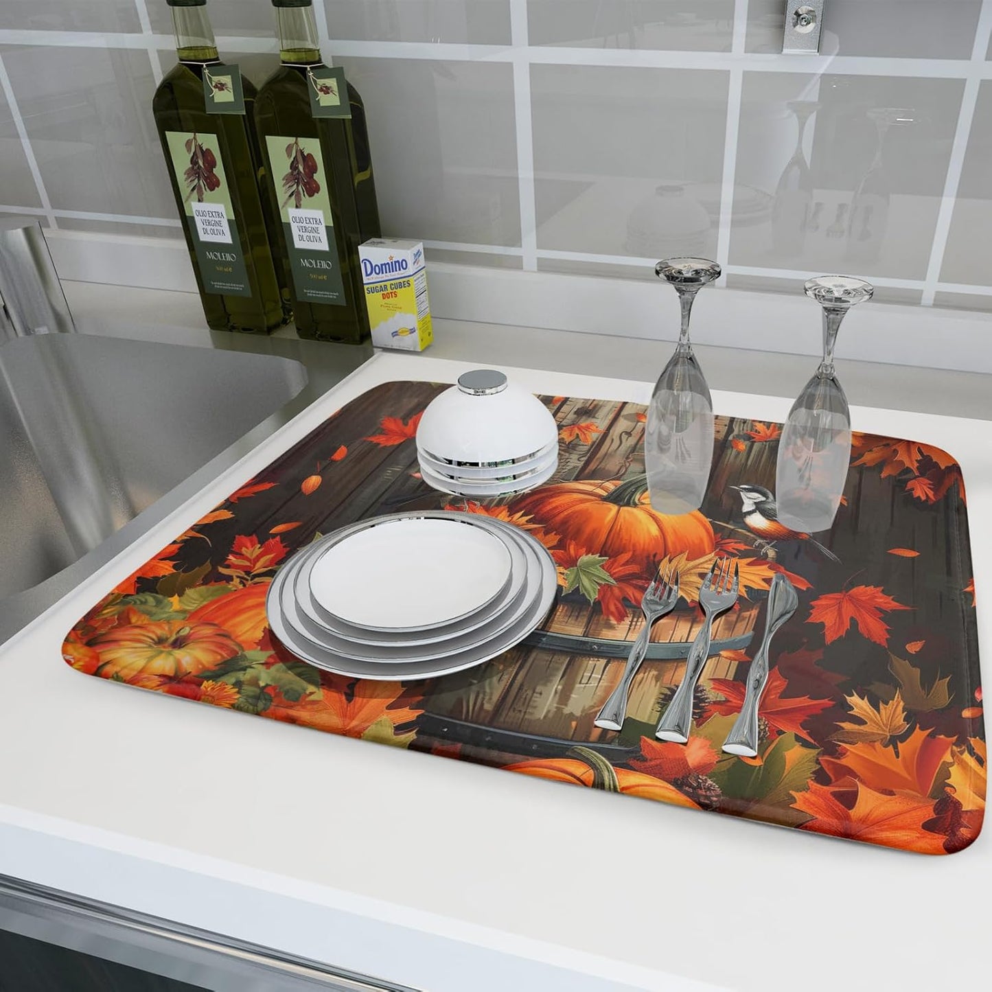 Fall Pumpkin Dish Drying Mat for Kitchen Counter Autumn Pumpkin Dish Mats for Drying 16x18 Inch Kitchen Decor Reversible Absorbent Microfiber Fall Thanksgiving Dishes Pad for Coffee Bar Accessories