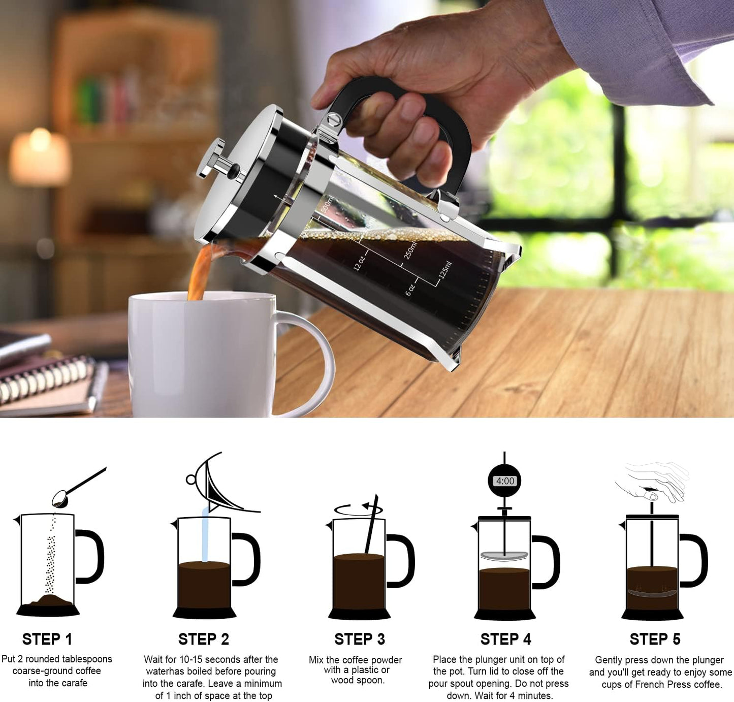 QUQIYSO French Press Coffee Maker 304 Stainless Steel French Press with 4 Filter, Heat Resistant Durable, Easy to Clean, Borosilicate Glass Coffee Press, 100% BPA Free Glass Teapot, 21 ounce, Silver