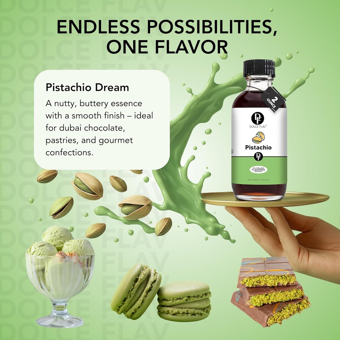 Natural Pistachio Oil Flavoring – 2 Ounce Oil-Soluble Premium Flavoring for Chocolate, Desserts & Baking | Ideal for Dubai Chocolate, Truffles, Cakes & More