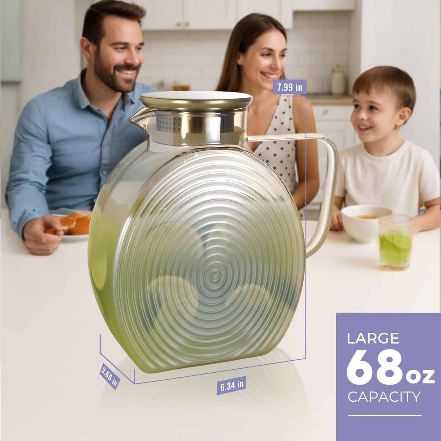 Glass Pitcher With Lid, 2.0 Liter 68 oz Glass Water Pitcher For Fridge, 0.53 Gallon Pitchers With Handle And Lid, Tea Jug Carafe Jar For Hot/Iced Water Milk Juice Coffee Fruit