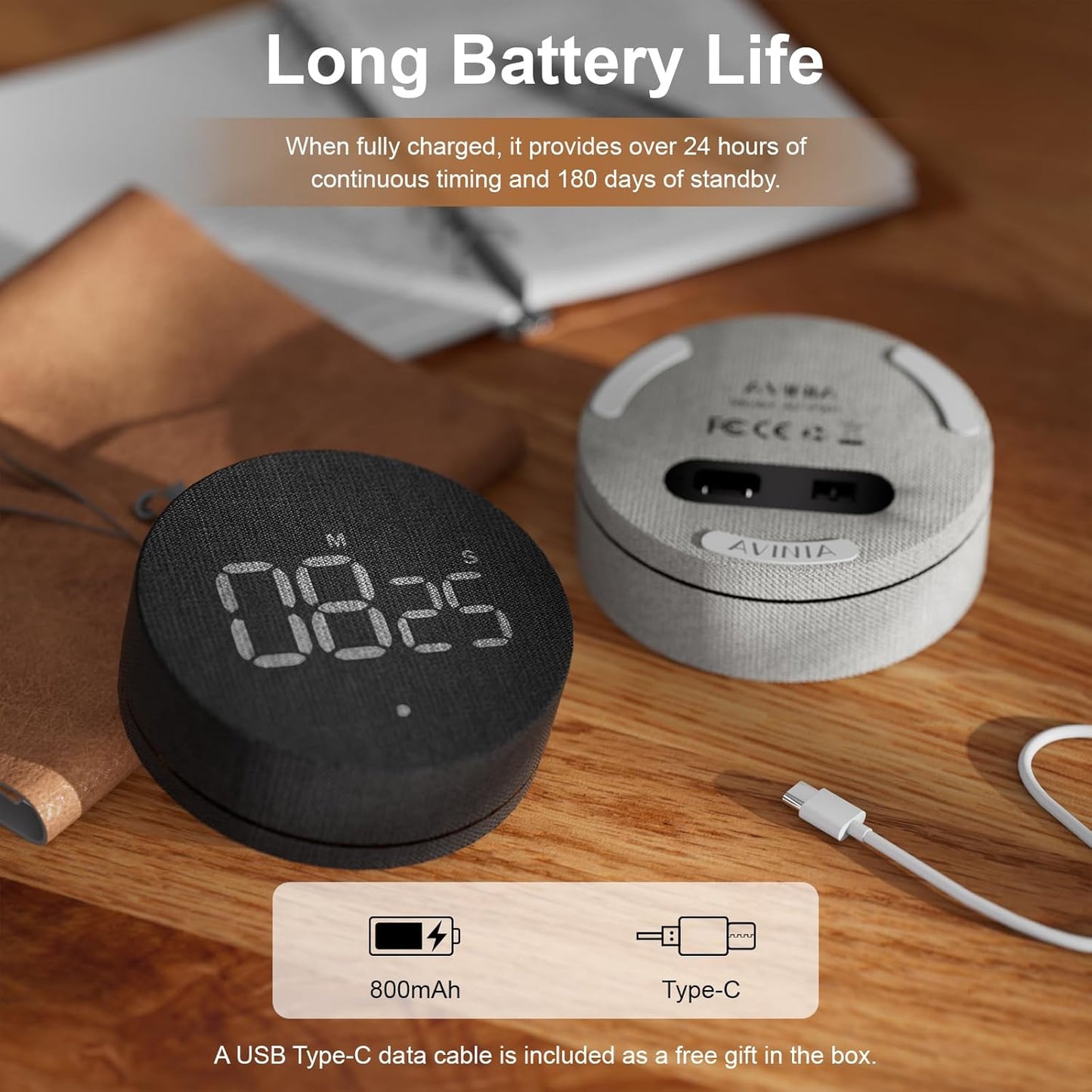 AVINIA Fabric Digital Kitchen Timer, Rechargeable with Large LED Display 0-99Mins, Magnetic Countdown Timers for Home Classroom Office Fitness Grey