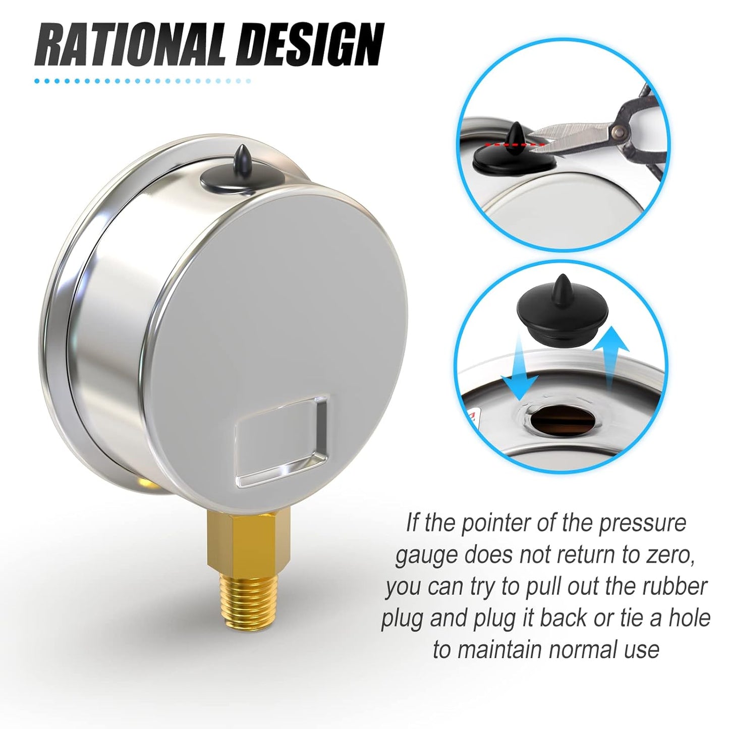 MEANLIN MEASURE -30inHG~0Psi Stainless Steel 1/8" NPT 2.5" FACE DIAL Vacuum Pressure Gauge, Lower Mount, with 1/4" NPT and 3/8" NPT Hex Bushing