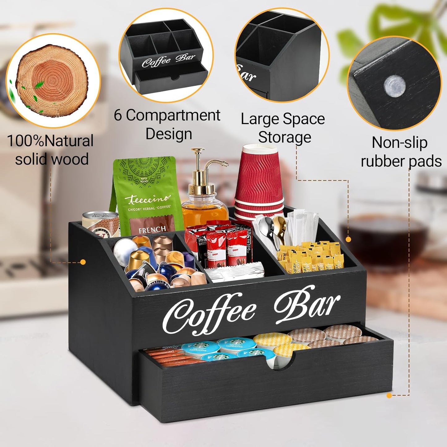 Farmhouse Wooden Coffee Bar Organizer - Countertop Station With Drawer, Pods Holder & Storage Basket