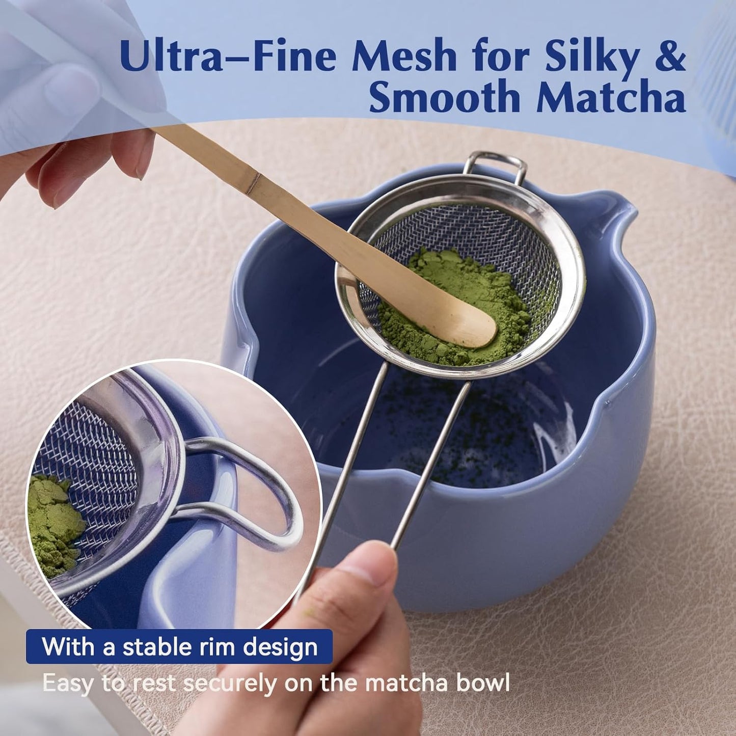 Matcha Set, 8Pcs Floral Ceramic Matcha Set with Matcha Whisk, Holder, Scoop, Scoop Rest, Sifter, Spoon and Tea Towel - Thoughtful Matcha Whisk Set Gift for Matcha Lovers (Blue)