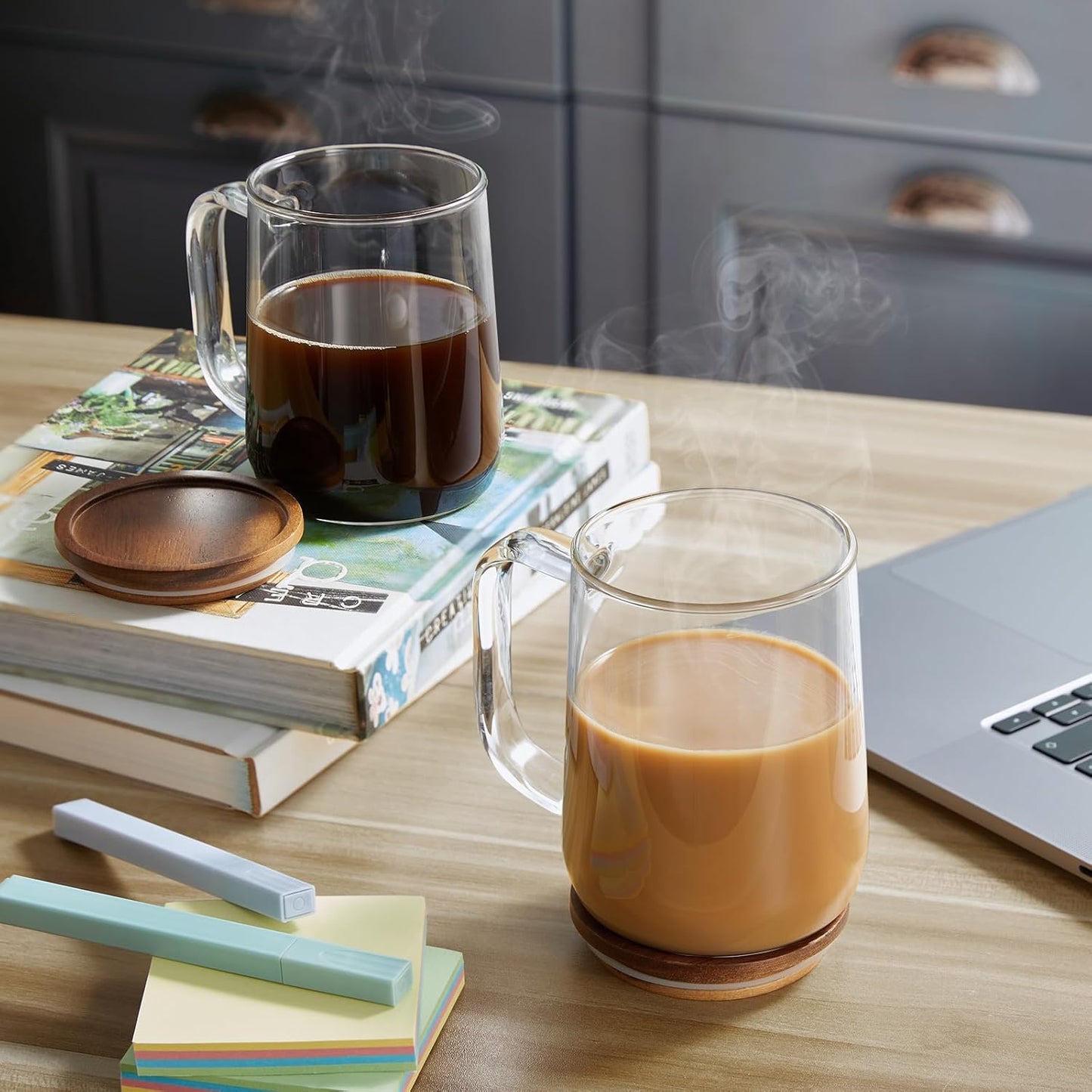 Glass Coffee Mugs, 16 oz Glass Coffee Cups with Acacia Wood Lids, Clear Borosilicate Glass Mugs with Handles for Cappuccino, Tea, Latte, Hot/Cold Beverages, Wine, Americano, Set of 2