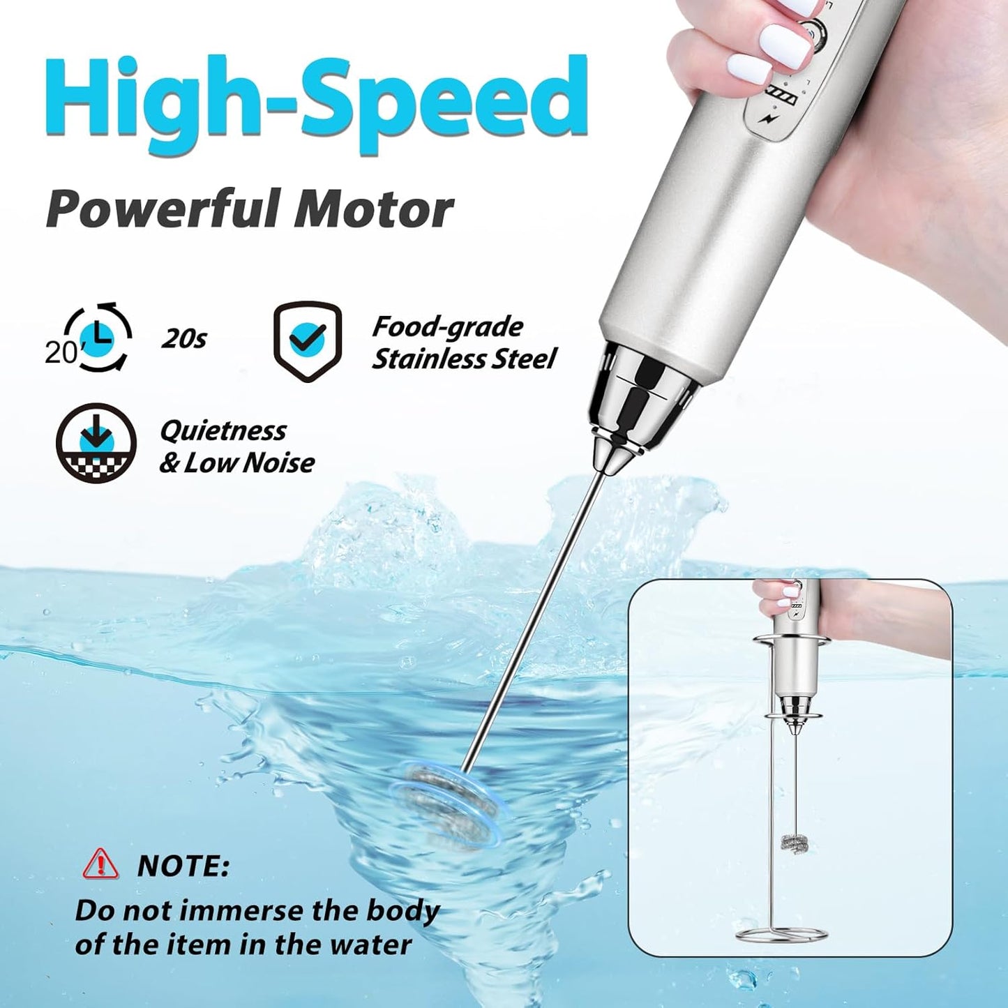 Milk Frother with Stand Rechargeable-Handheld Frother Wand with 3 Stainless Whisks 3 Speed Adjustable, Electric Whisk Drink Mixer, Foam Maker Blender for Matcha Latte Cappuccino Chocolate