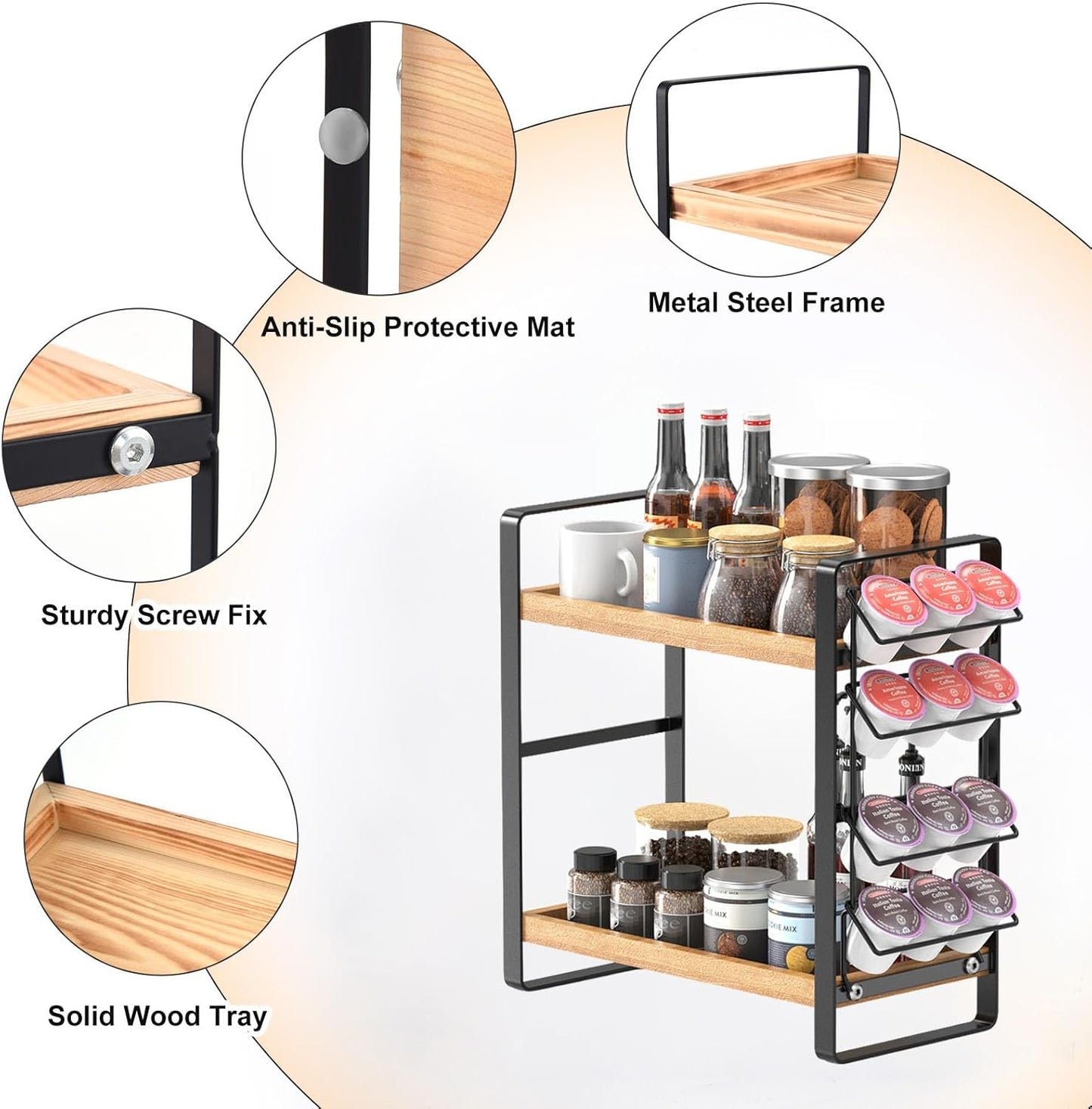 LEMIKKLE Coffee Station Organizer for Counter,Condiment Storage Caddy for Kitchen,2 Tier Wooden Shelf for Coffee Bar Accessories,Coffee Bar Organizer for Kitchen, Home, Office-Brown