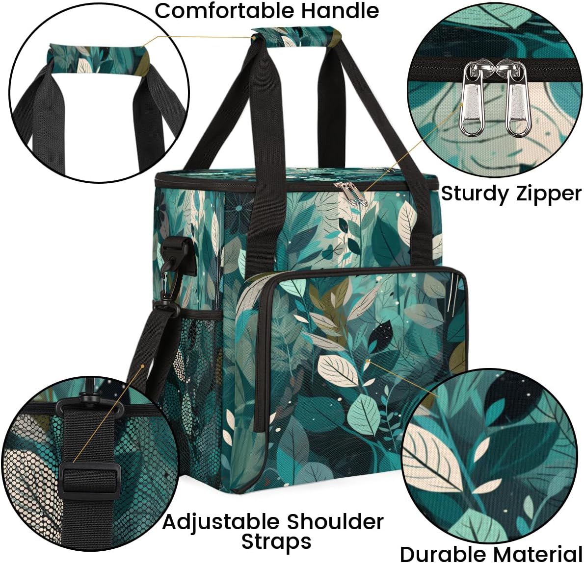 Turquoise Teal Leaves Coffee Maker Carring Bag Travel Carrying Storage Tote Bag Compatible with Keurig K-Mini or K-Mini Plus Portable Single Serve Coffee Brewer Case with Pockets for K-cup Pad