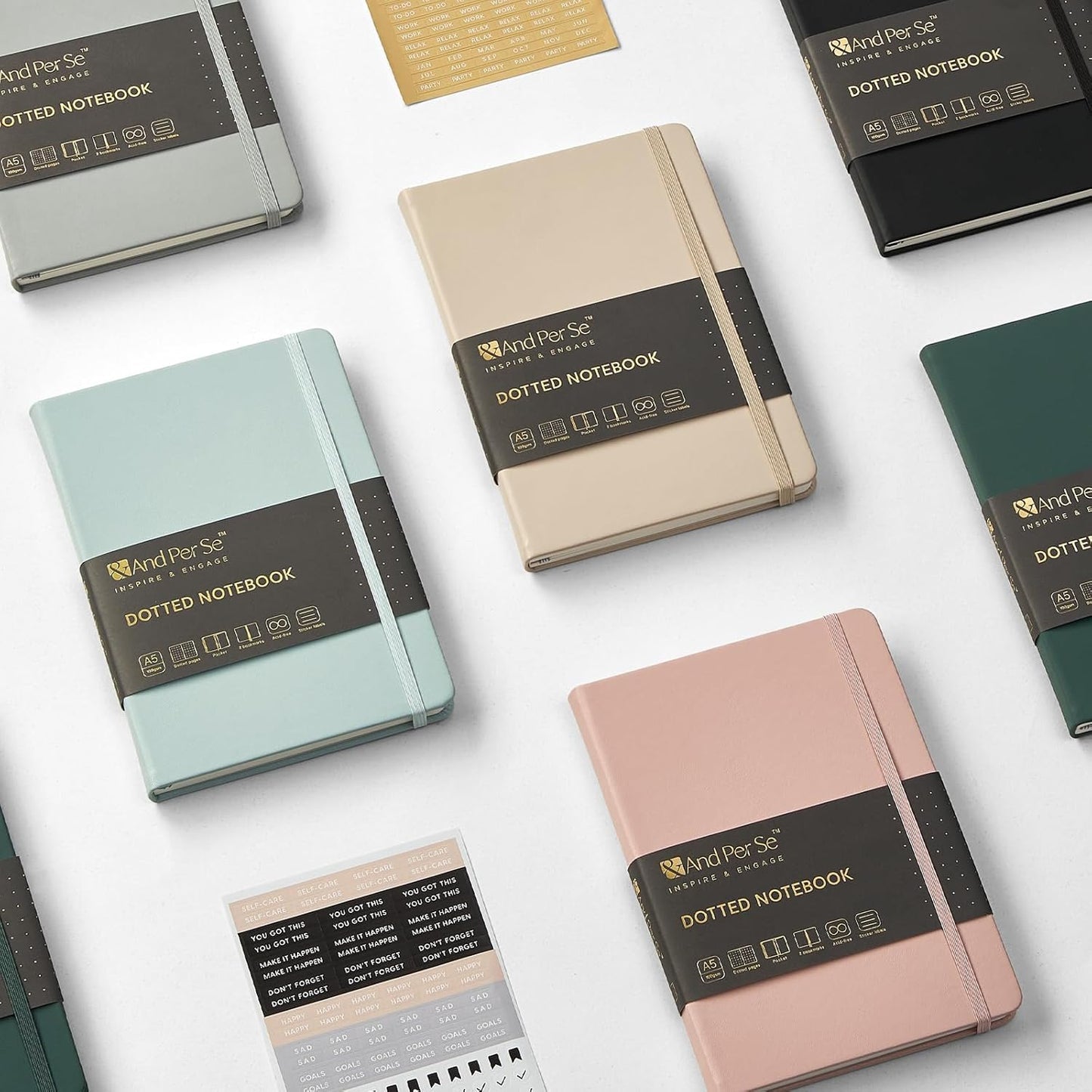 &And Per Se Dotted Journal Notebook (5 Packs), A5 Hardcover Leather Dotted Journal, 160 Pages 100 gsm Thick Paper, 3 Sheets of Stickers Included- 5.7'' x 8'' (Cyan