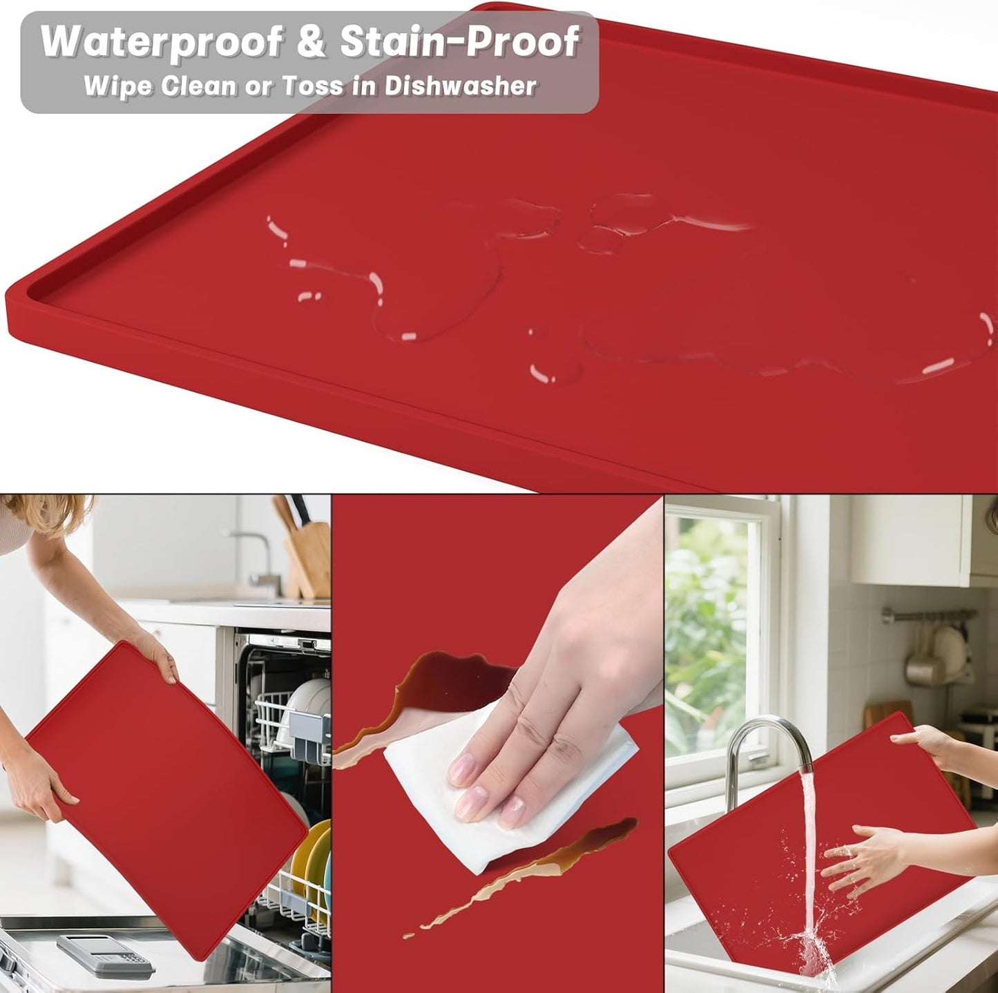 Rnivvi Silicone Coffee Mat, 16" x 24" Waterproof Raised Edge Coffee Bar Mats for Espresso Machine Station Accessories, Heat Resistant Detachable Dish Drying Pad for Kitchen Counter, Dish Rack, Red