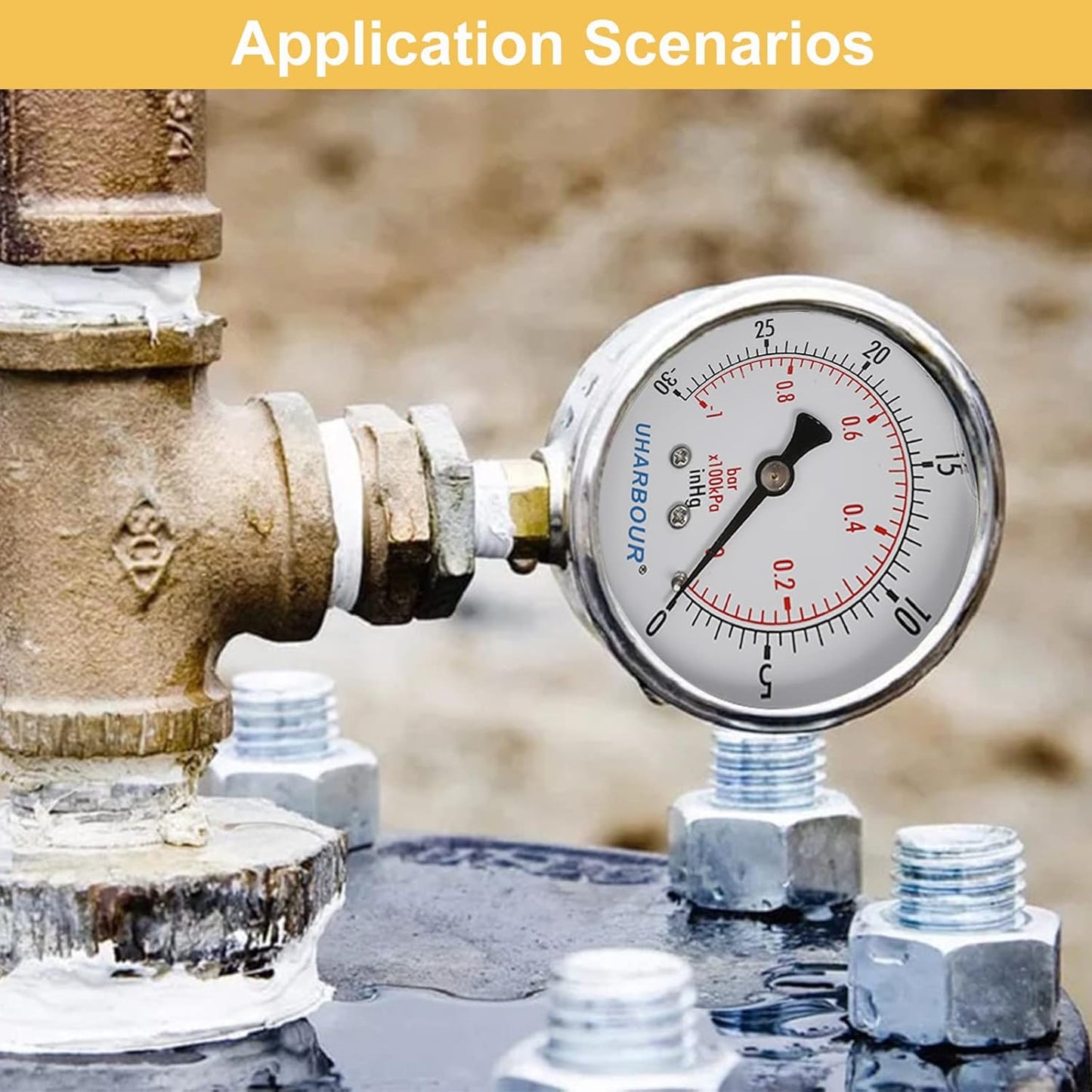 Vacuum Gauge 2-1/2" Dial Liquid Filled -30 inhg/0, Rubber Protective Case, 1/4" Brass Lower Mount, Including 1/4" to 1/8" Thread Adapter and Teflon Tape