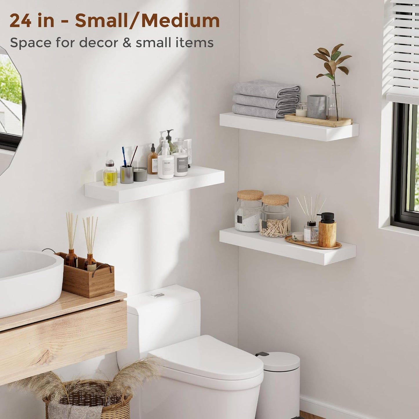 Heimlove 48 Inch Floating Shelves for Wall 8 Inch Deep White Shelves Set of 2,Wall Mounted Rustic Wood Long Floating Shelf,Large Display & Storage Shelf with Invisible Brackets