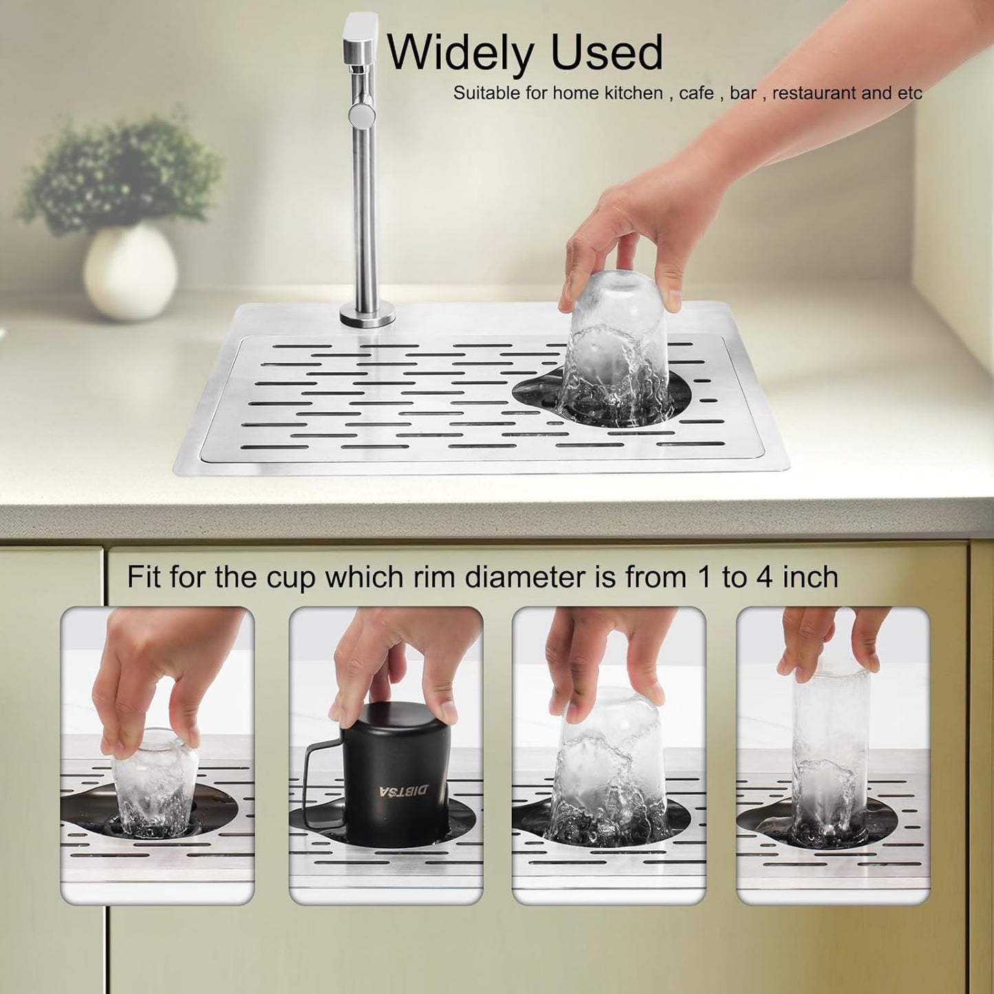 DIBTSA Pitcher Rinser, Stainless Steel Countertop Glass Rinser Cup Washer Sink with Side Spray,Drip Tray for Home Cafe Restaurant